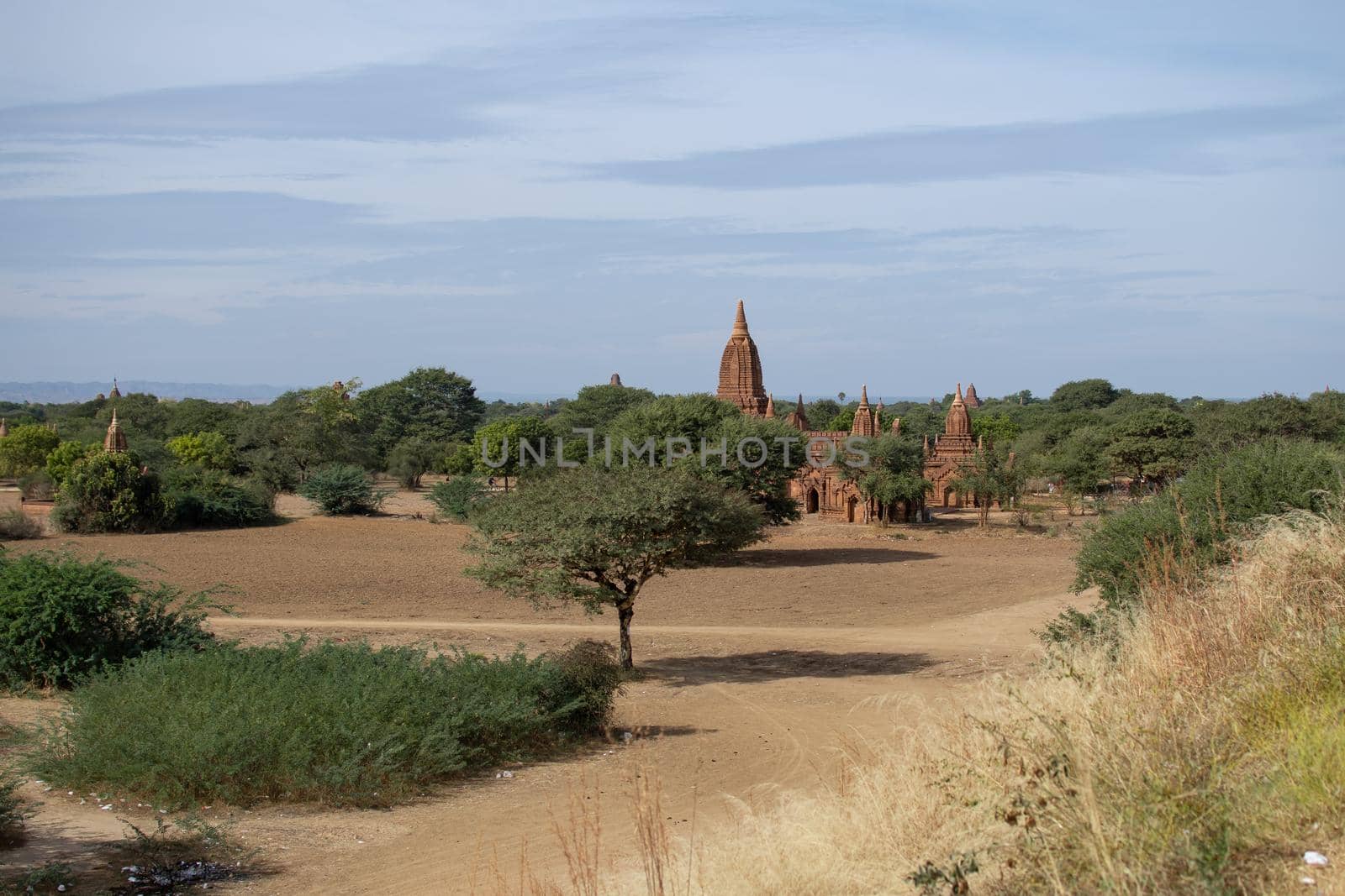 BAGAN, NYAUNG-U, MYANMAR - 3 JANUARY 2020: Several old and historical temple pagodas and green vegetation in the distance from an open dry grass and hay field by a dirt road