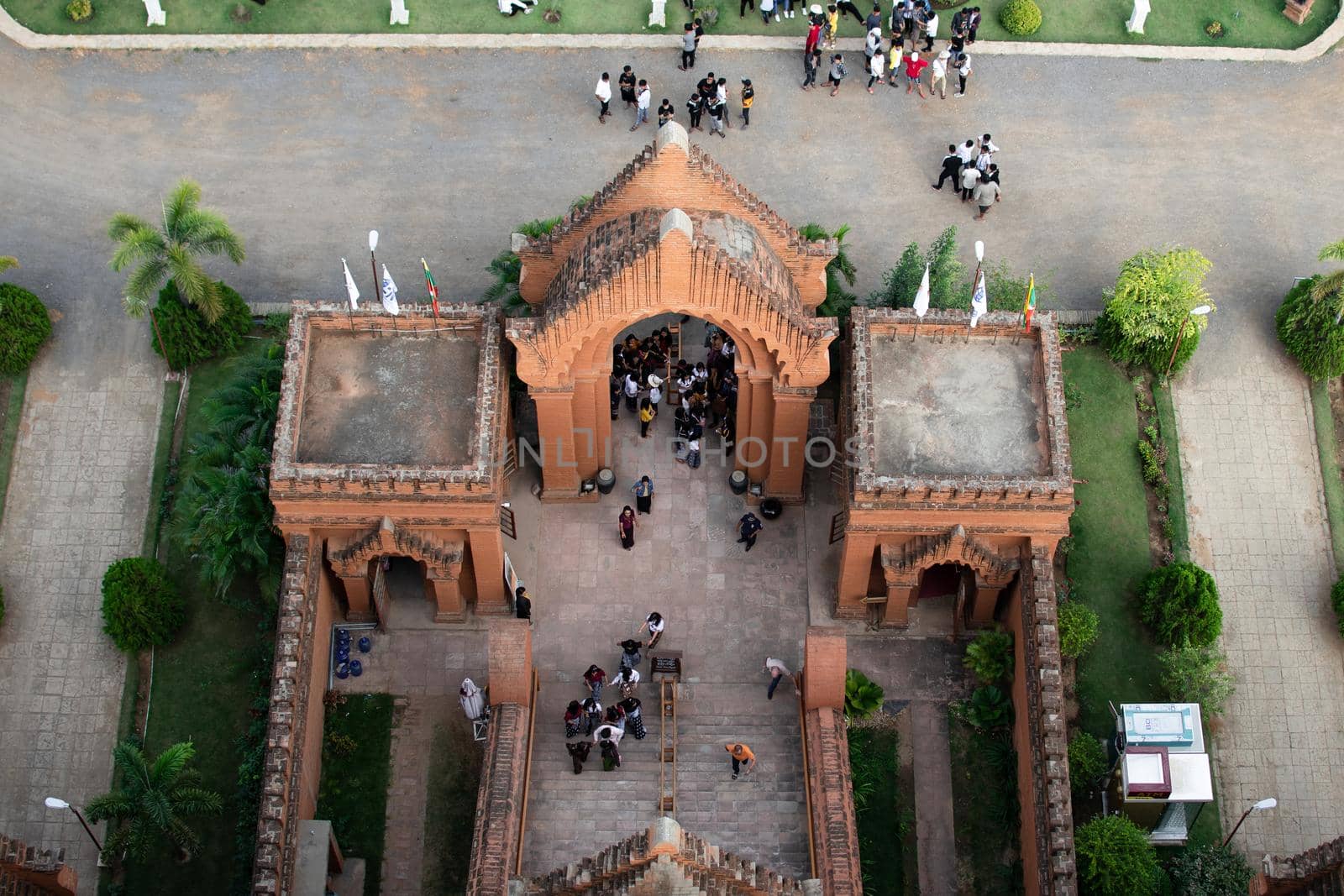 BAGAN, NYAUNG-U, MYANMAR - 3 JANUARY 2020: View of people visiting the Nan Myint viewing tower by the entrance from above