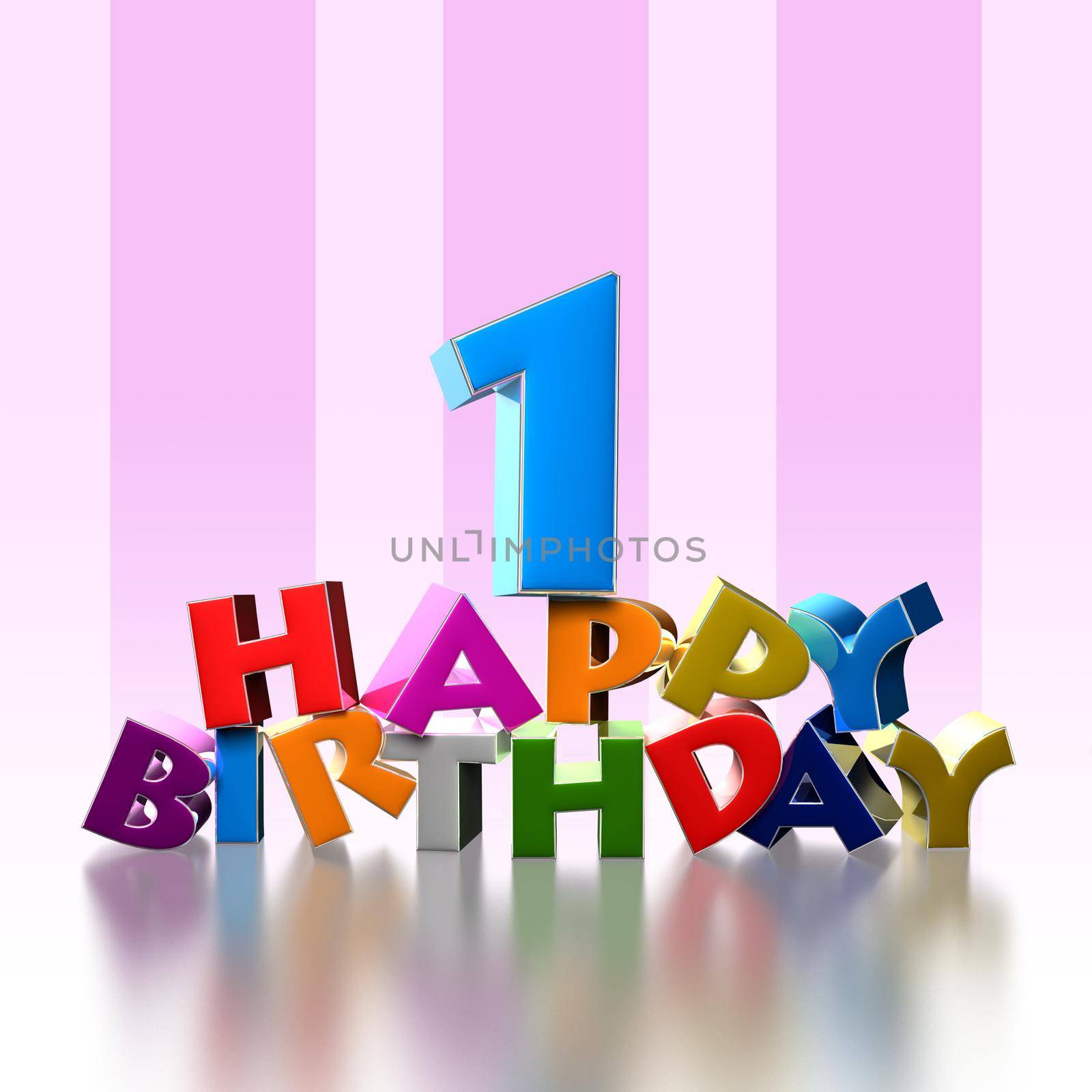 1 happy birthday 3D illustration on pink background.