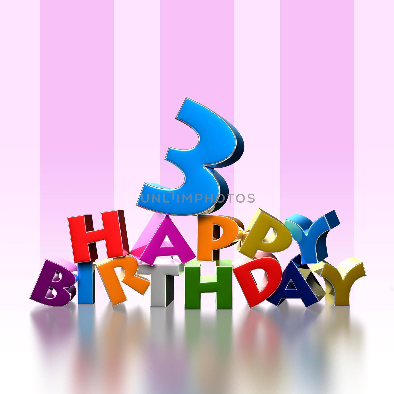 3 happy birthday 3D illustration on pink background.