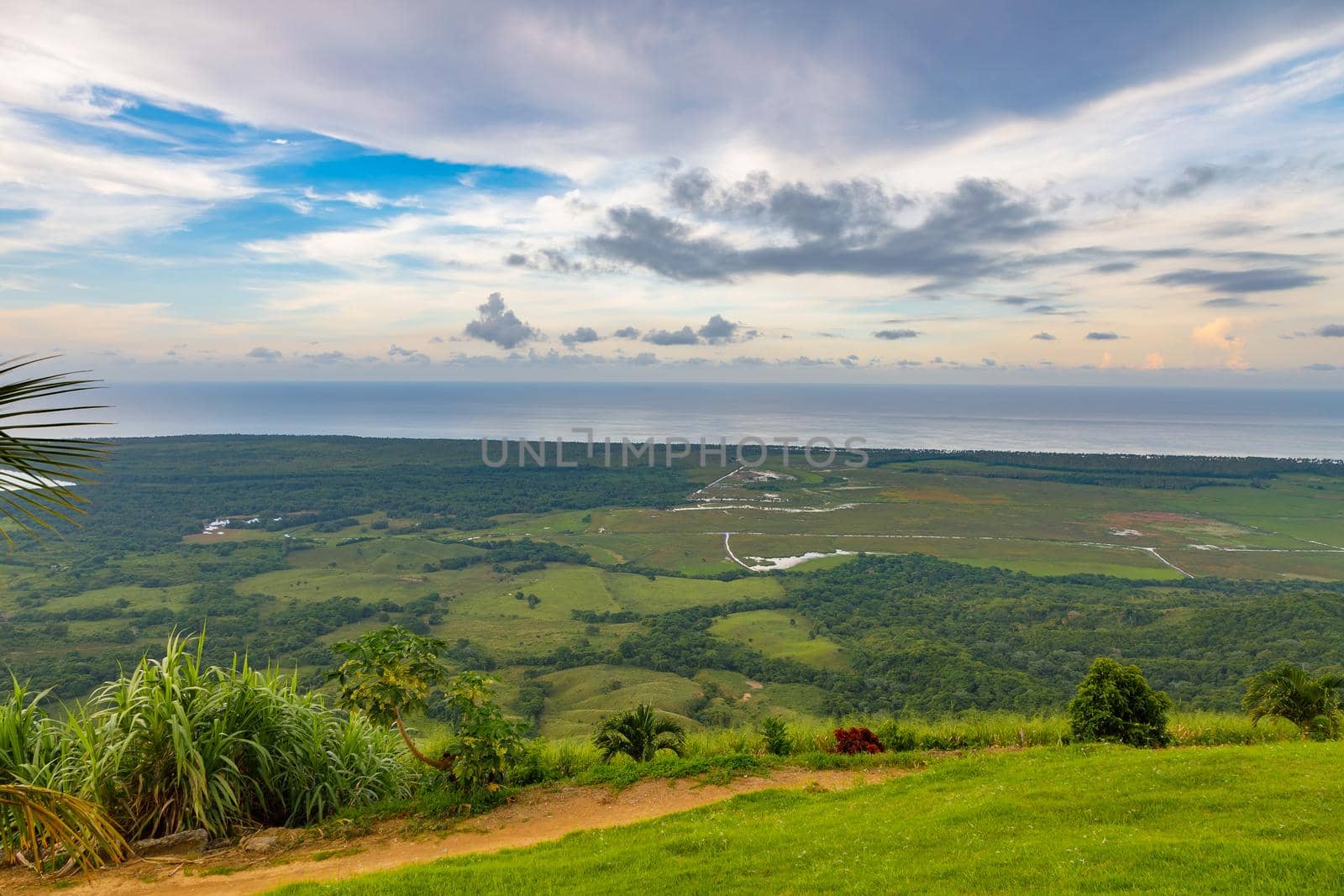 View from a large mountain to a valley with a lake in the Dominican Republic. Setting sun. Around greenery and red bushes
