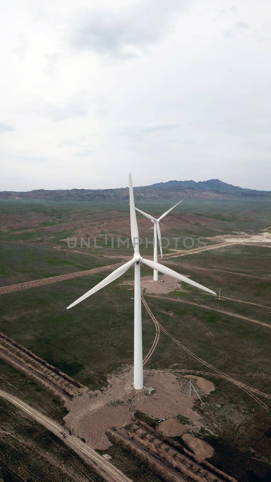 Windmills stand in the middle of green fields. by Passcal