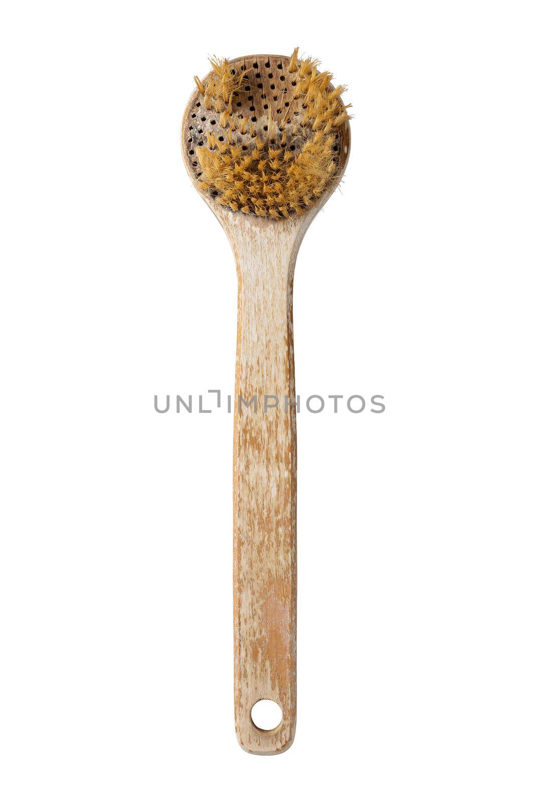 Old and dirty ruined wooden bath body brush or shower back scrubber with long handle isolated on white background, natural hair boar bristle