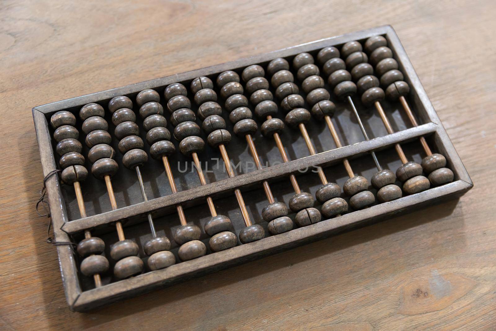 Closeup rusty old and dirty wood abacus on wooden table