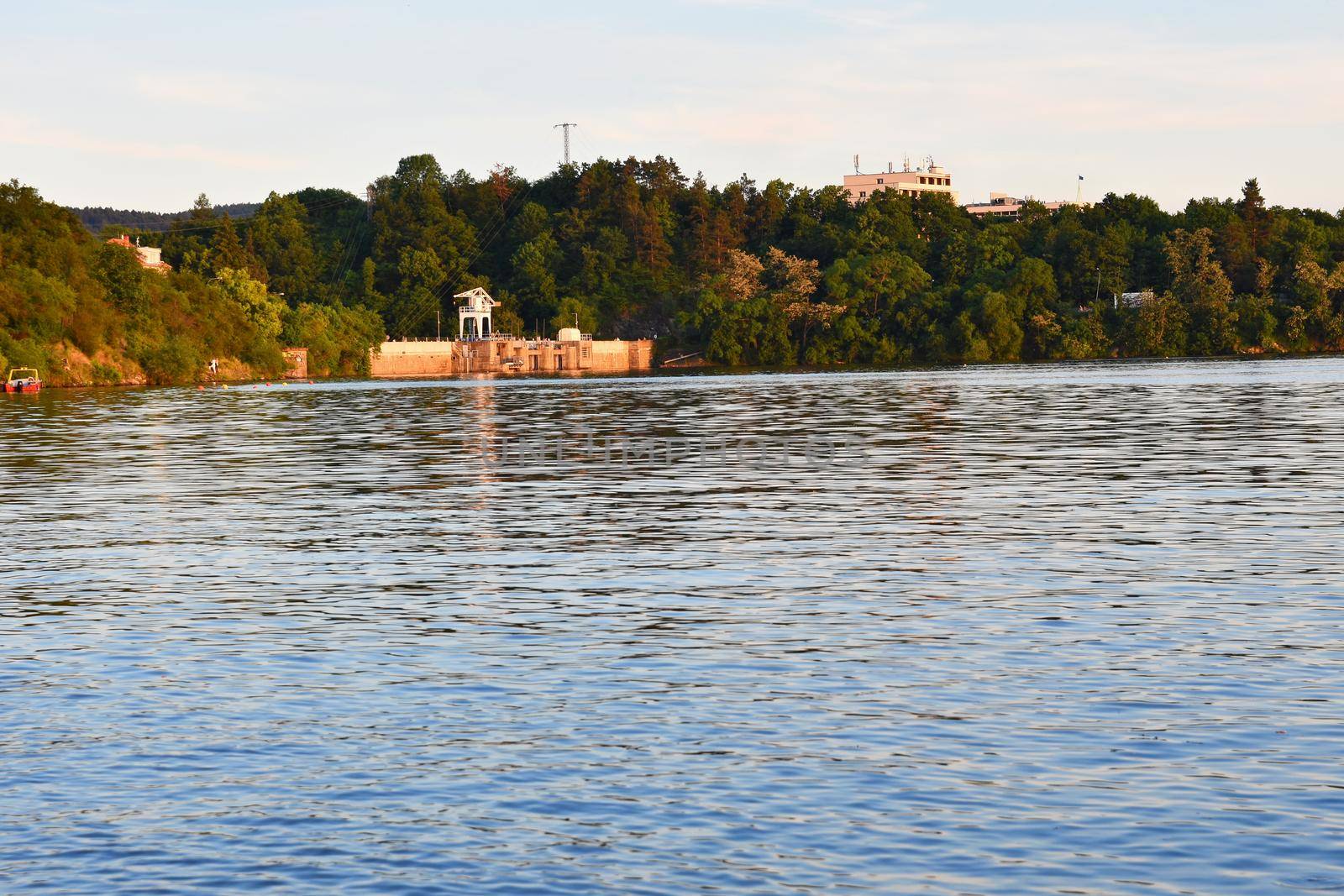 Brno dam. South Moravia. Czech Republic Europe. Recreational area of entertainment and sports. Beautiful countryside with nature, clear water and sunset.