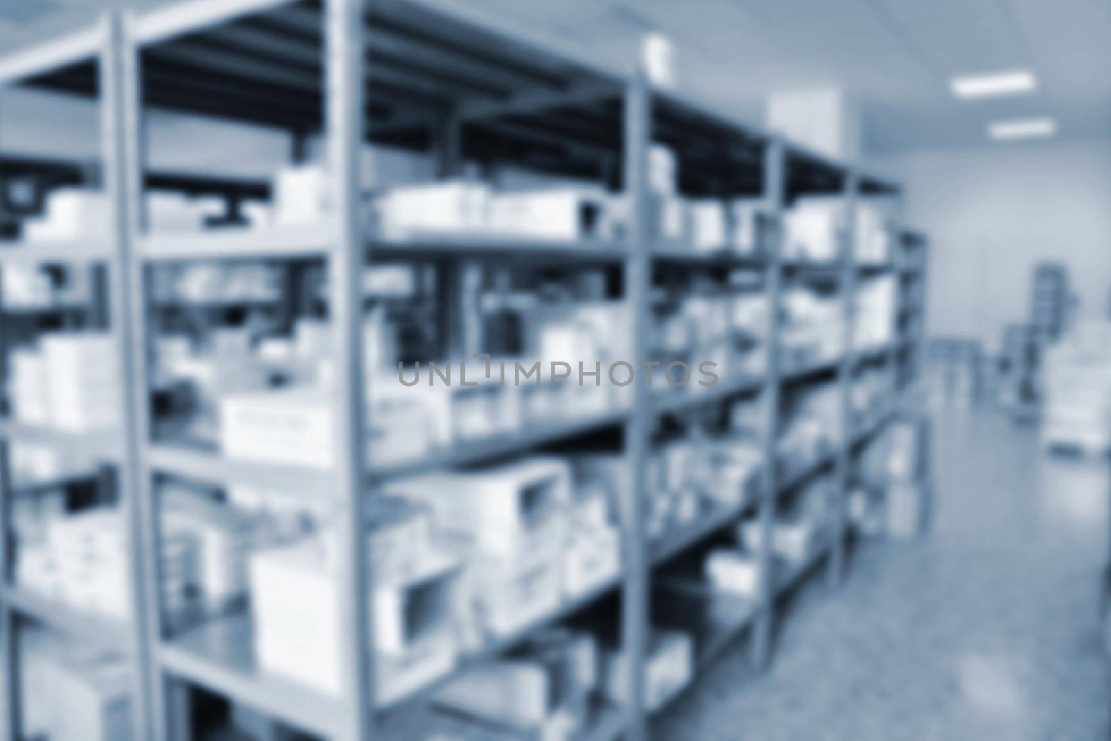 Blurred background. Interior of a pharmacy with goods and showcases. Medicines and vitamins for health. Shop concept, medicine and healthy lifestyle