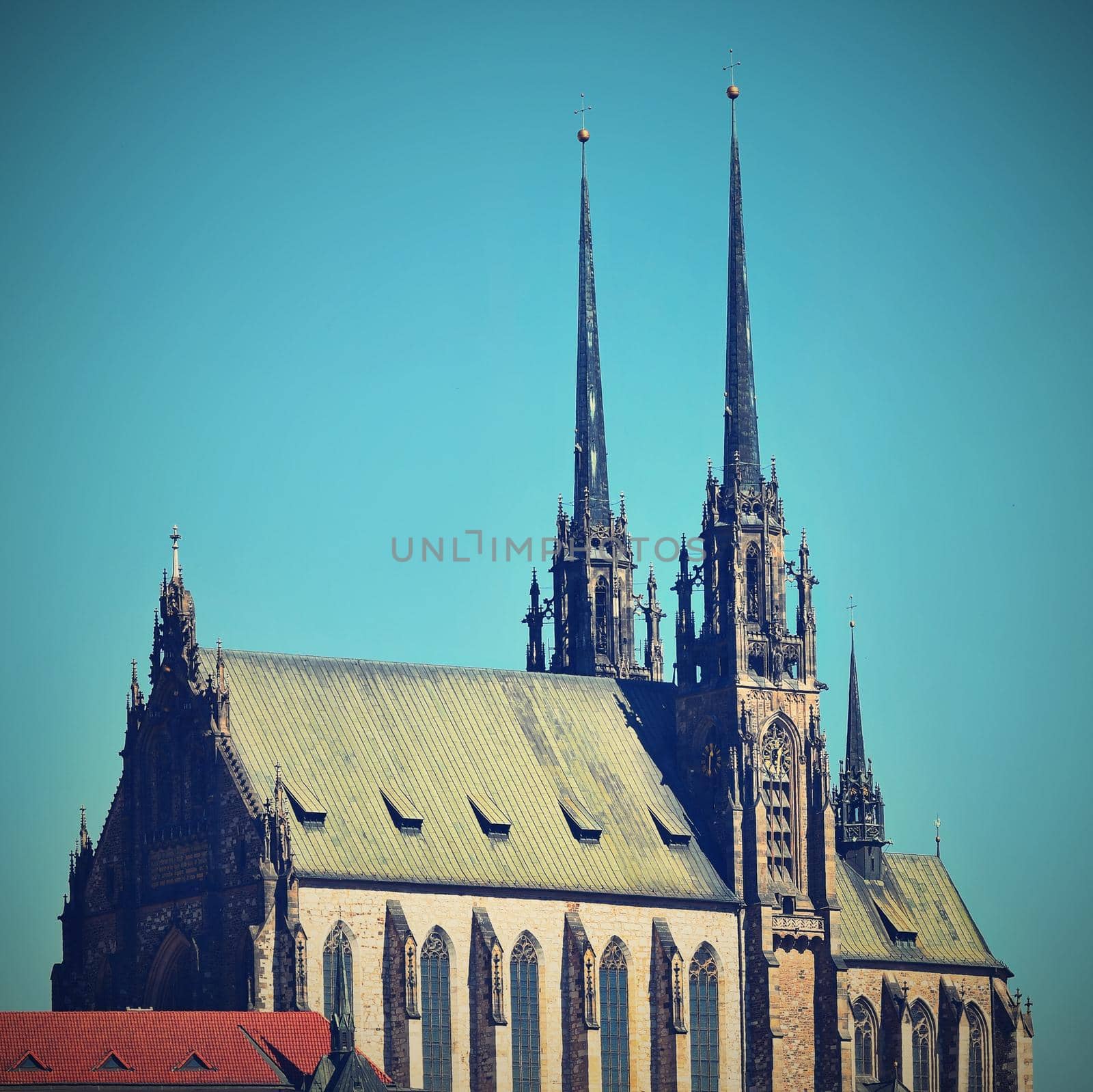 Brno - Czech Republic - Europe. Photo architectures sun and blue skies. Temple Petrov and Spilberk Castle.