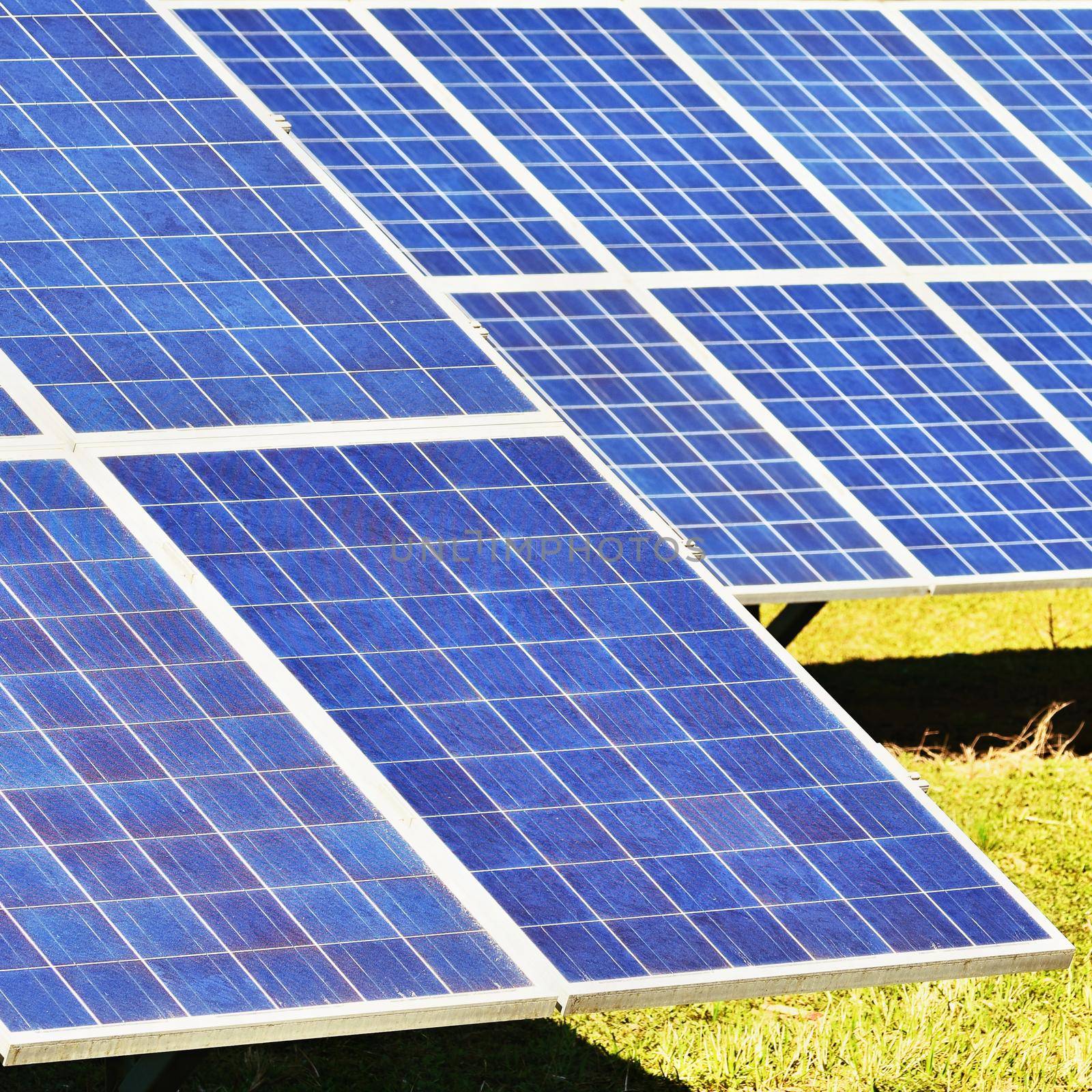 Sun and solar panels in a field. Solar energy power plant. Industrial and ecological concept for nature and eco / green technology. by Montypeter