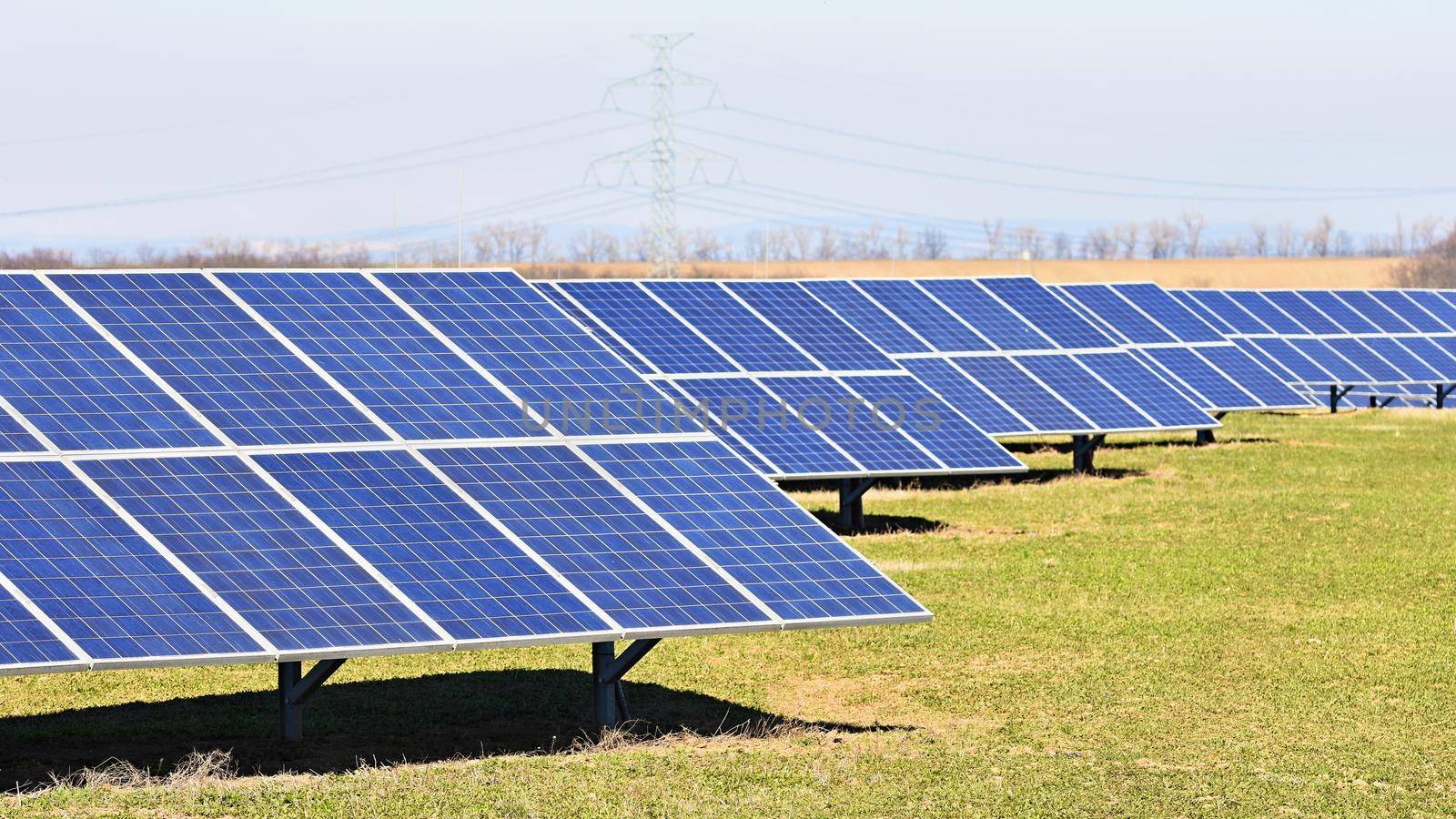 Solar panels in a field. Solar energy power plant. Industrial and ecological concept for nature and eco / green technology.