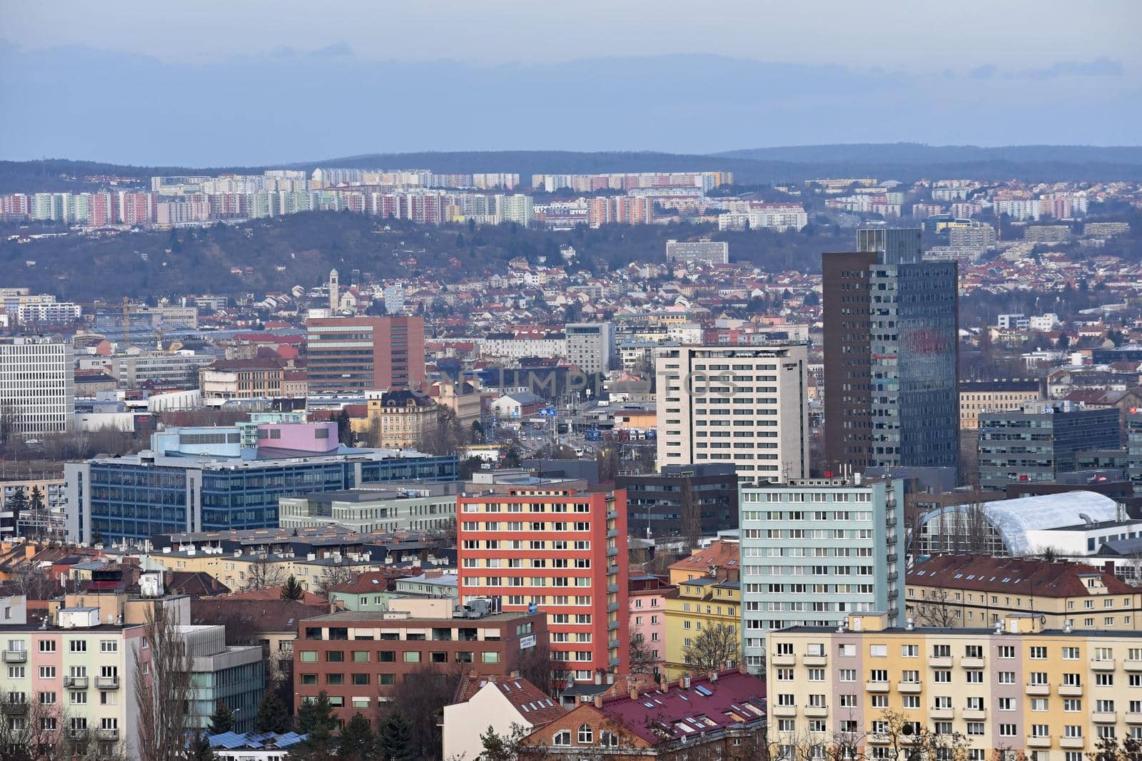 The city of Brno, Czech Republic-Europe. Top view of the city with monuments and roofs.