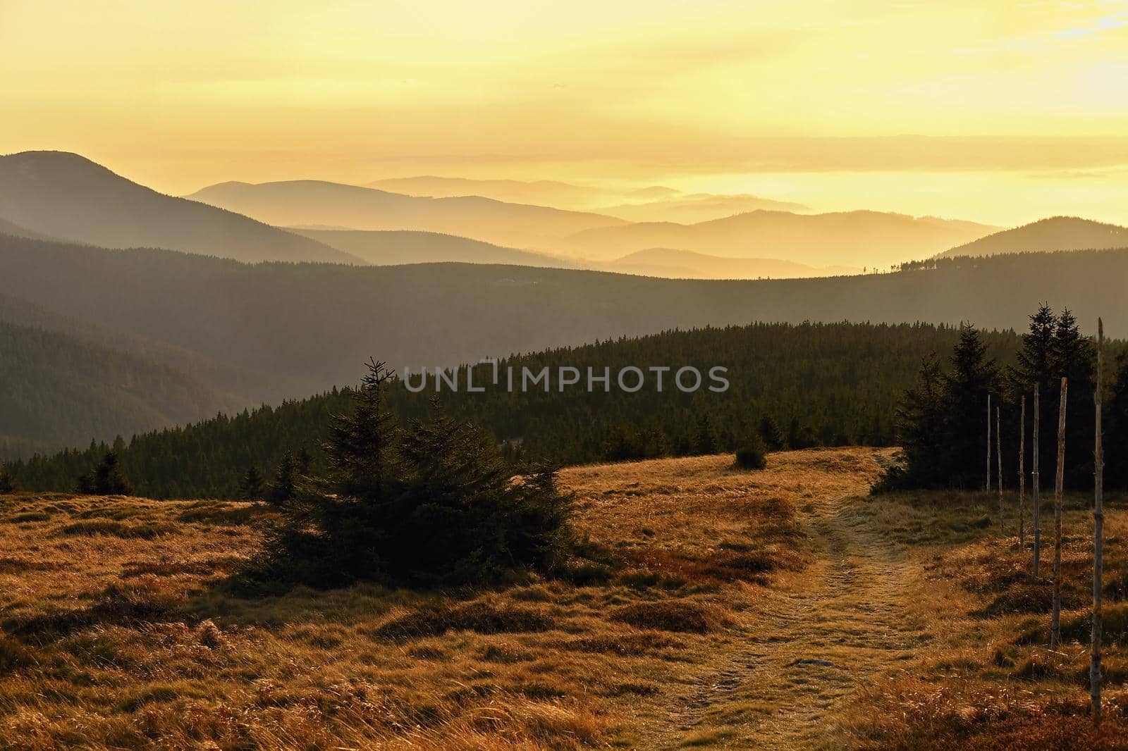 Beautiful landscape and sunset in the mountains. Hills in clouds. Jeseniky - Czech Republic - Europe.