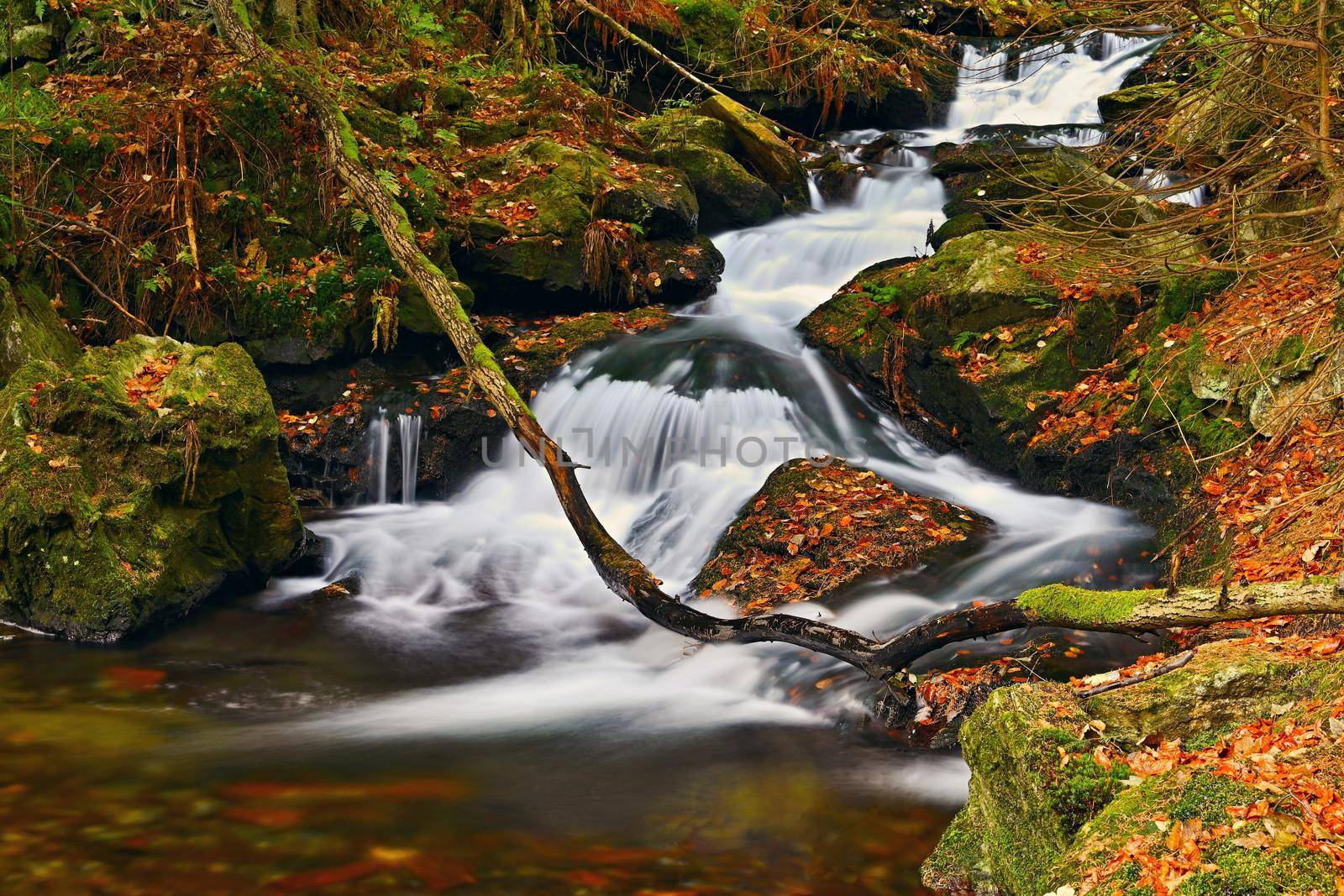 Beautiful colorful background with river and stones in autumn time. White Opava Waterfalls - Jeseniky Mountains - Czech Republic. by Montypeter