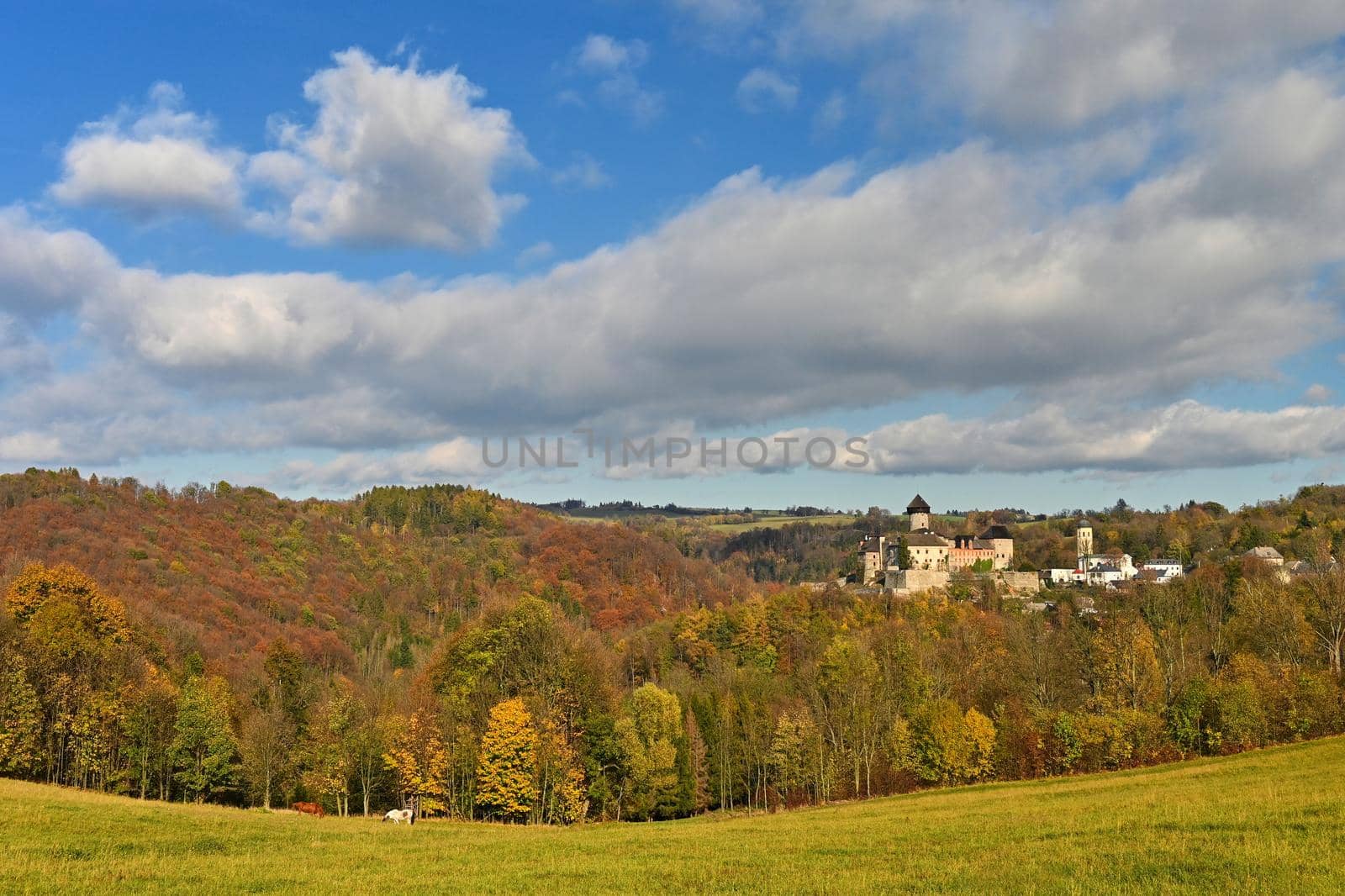 Beautiful old romantic castle Sovinec at sunset with autumn landscape.