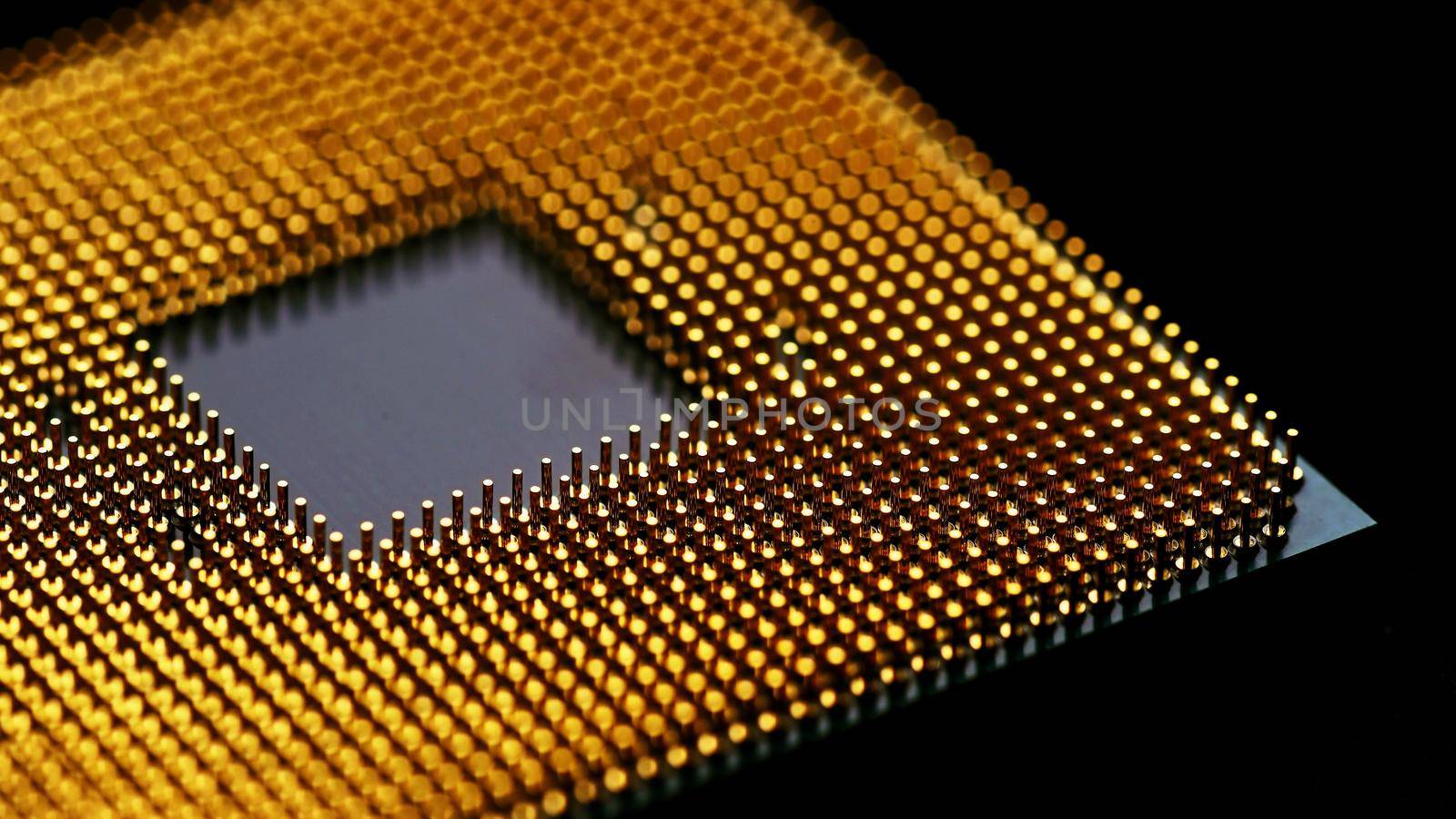 Processor to the computer. Concept for technology and computing. Detail of connectors. CPU Chip Processor for tech science background.