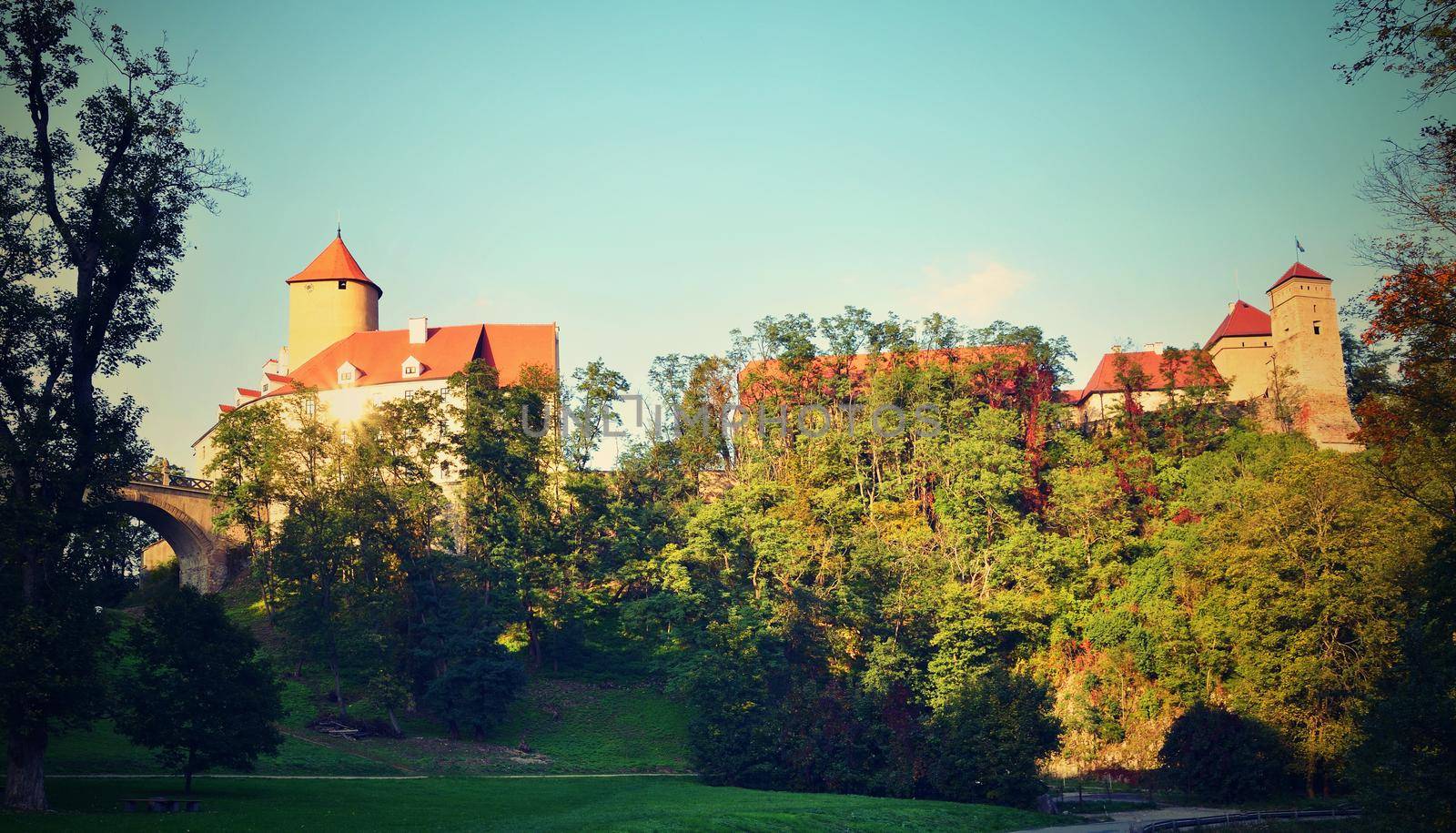 Beautiful Gothic castle Veveri. The city of Brno at the Brno dam. South Moravia - Czech Republic - Central Europe. by Montypeter