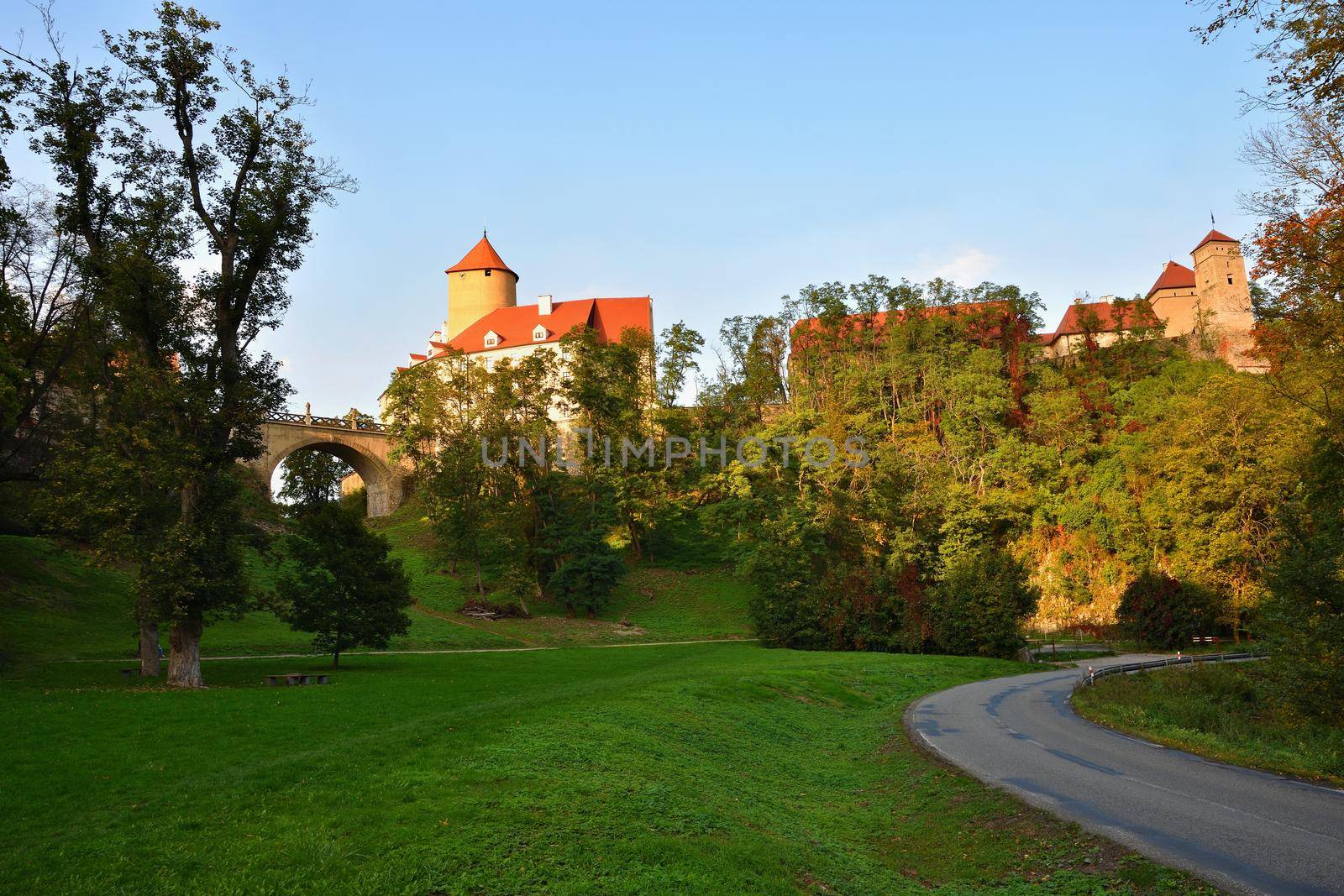 Beautiful Gothic castle Veveri. The city of Brno at the Brno dam. South Moravia - Czech Republic - Central Europe. by Montypeter