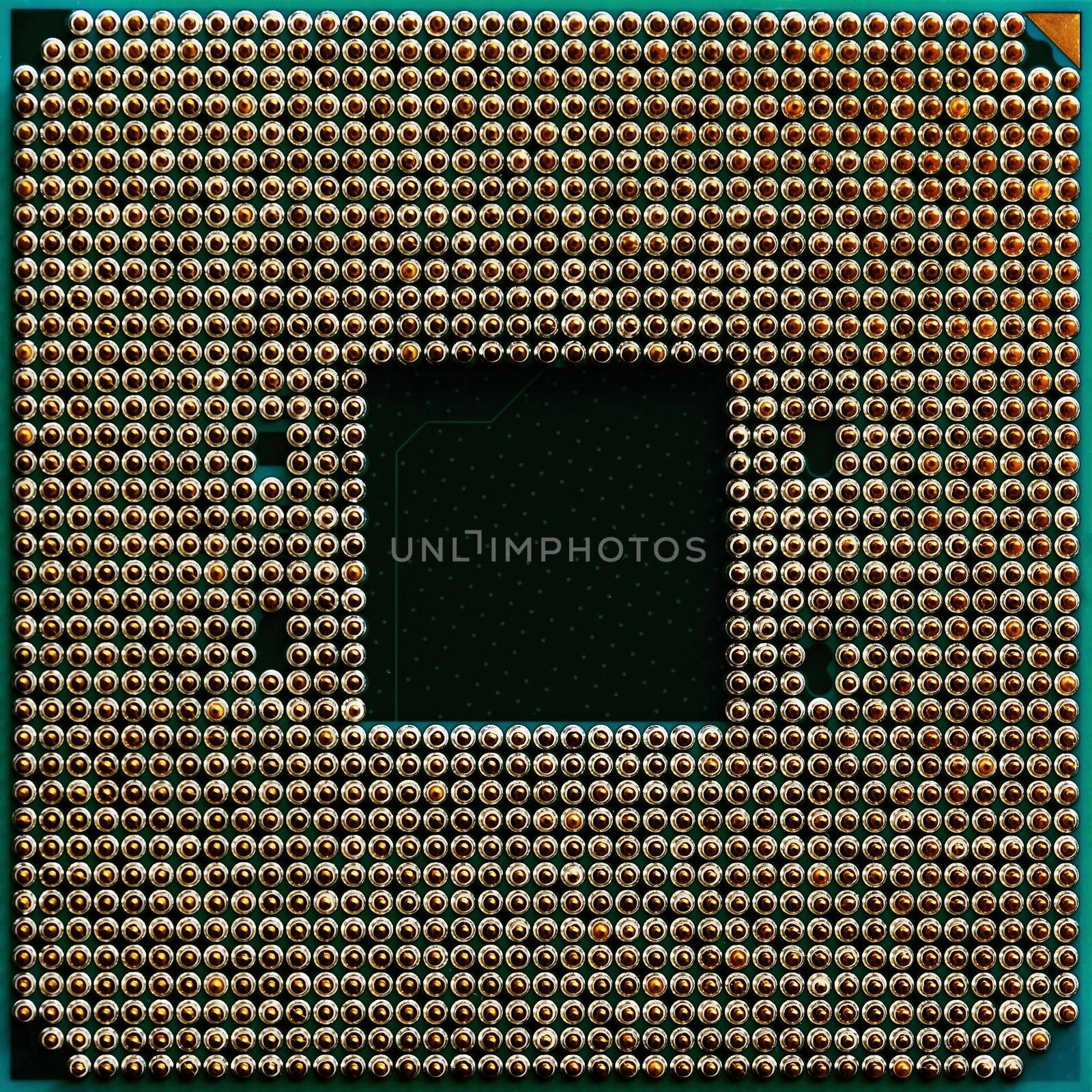 Processor to the computer. Concept for technology and computing. Detail of connectors. CPU Chip Processor for tech science background. by Montypeter