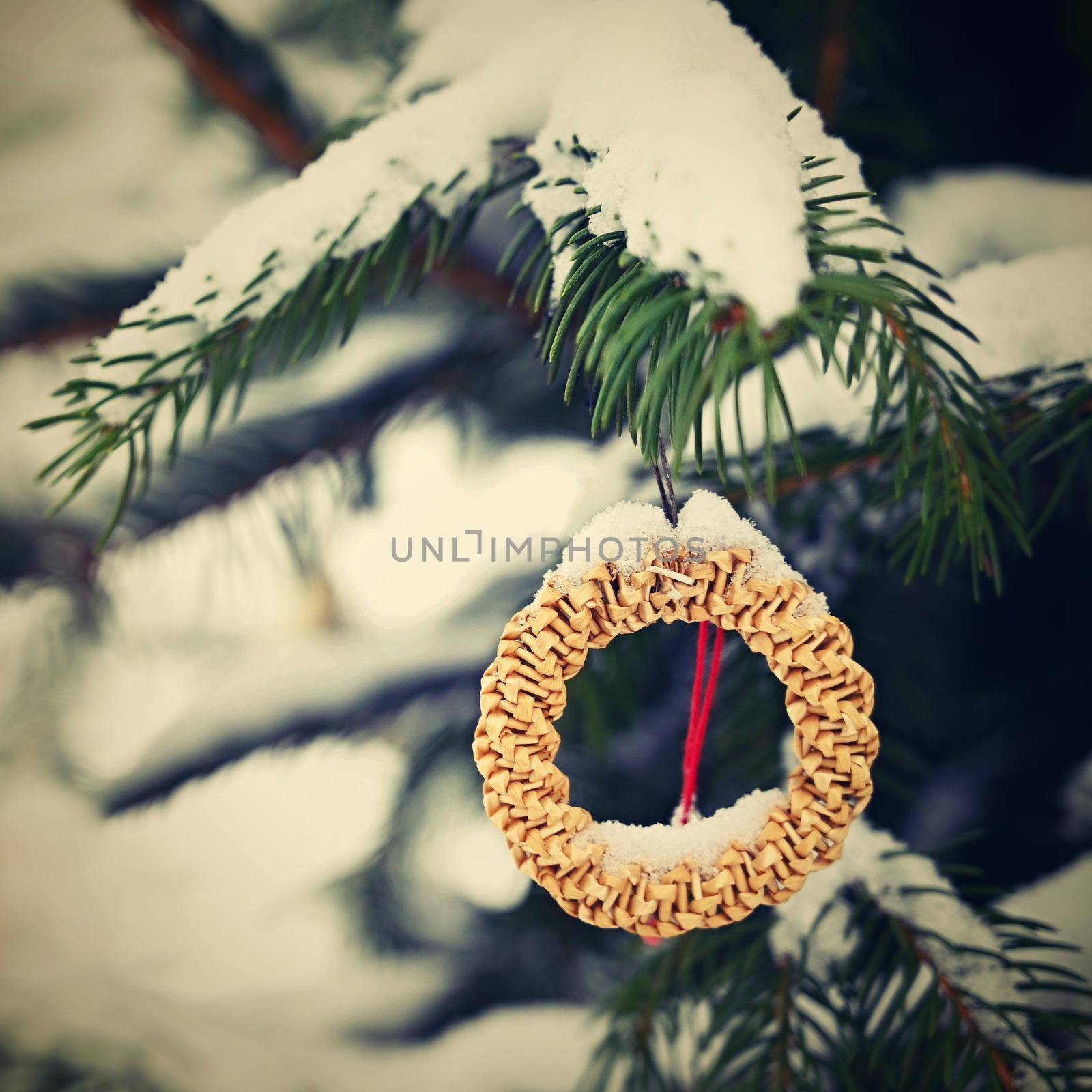 Christmas tree decorations. Snow on the branches. Concept for Christmas and Winter Time. by Montypeter