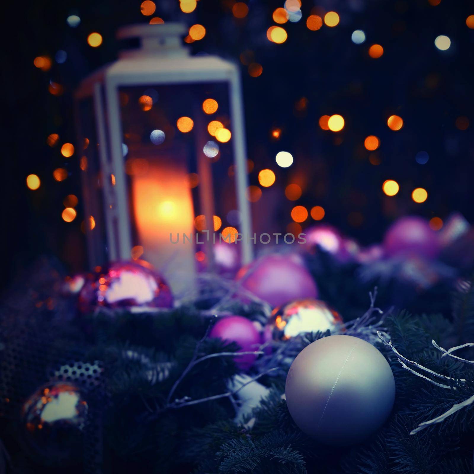 Beautiful colorful Christmas decorations. Background with Christmas tree.