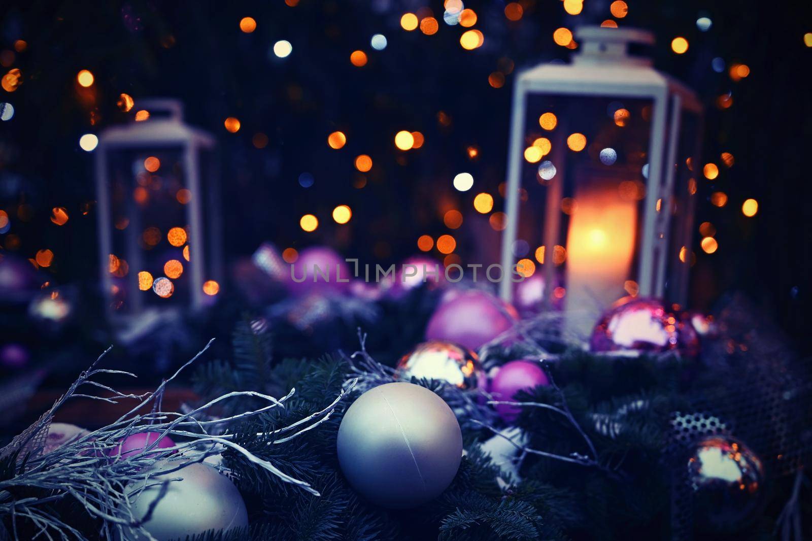 Beautiful colorful Christmas decorations. Background with Christmas tree.