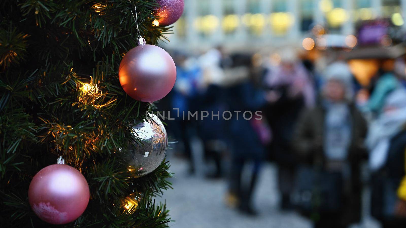 Beautiful colorful Christmas decorations. Background with Christmas tree.
