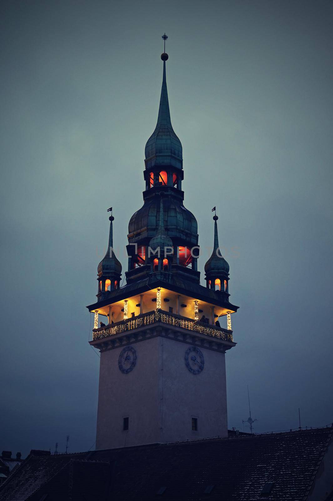 Beautiful tower of the old town hall in the city center of Brno on Christmas holidays.