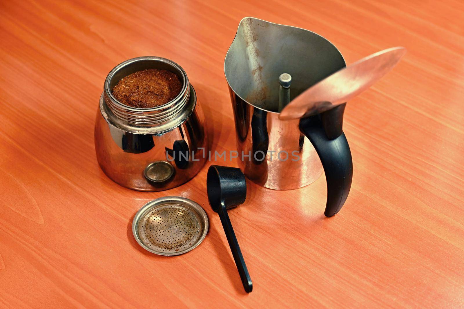 Moka coffee pot. Preparation of fresh good coffee at home.