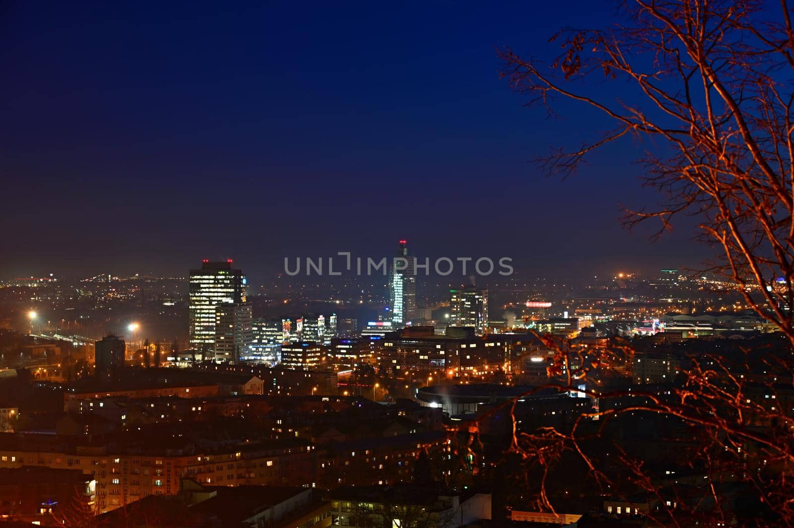 Night photo of city with buildings.
Brno - Czech Republic - Europe.