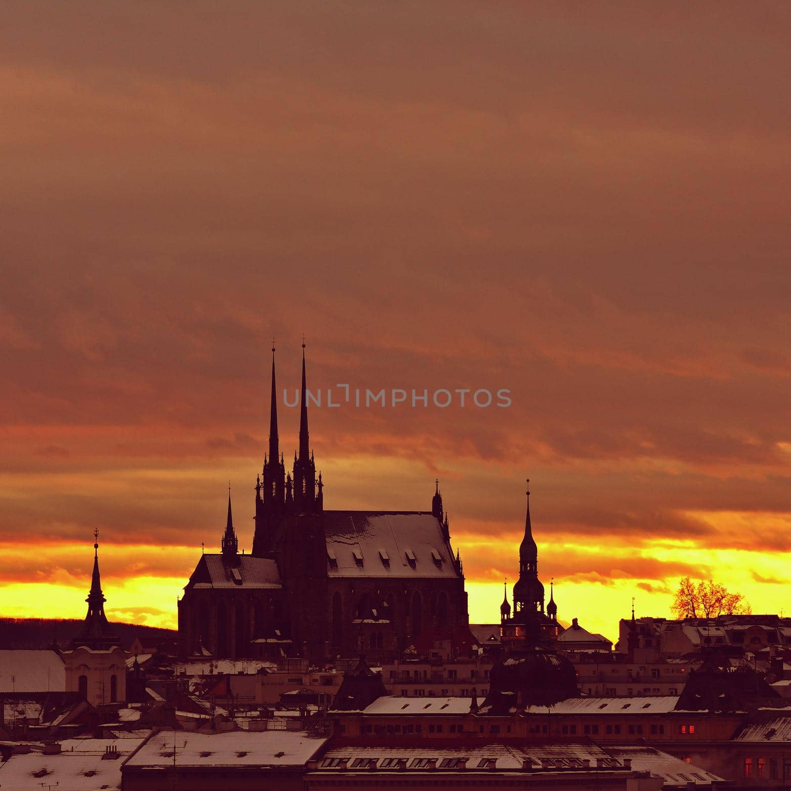 Petrov.Cathedral of Saints Peter and Paul in Brno Czech Republic. Night photo of beautiful old architecture at sunset.