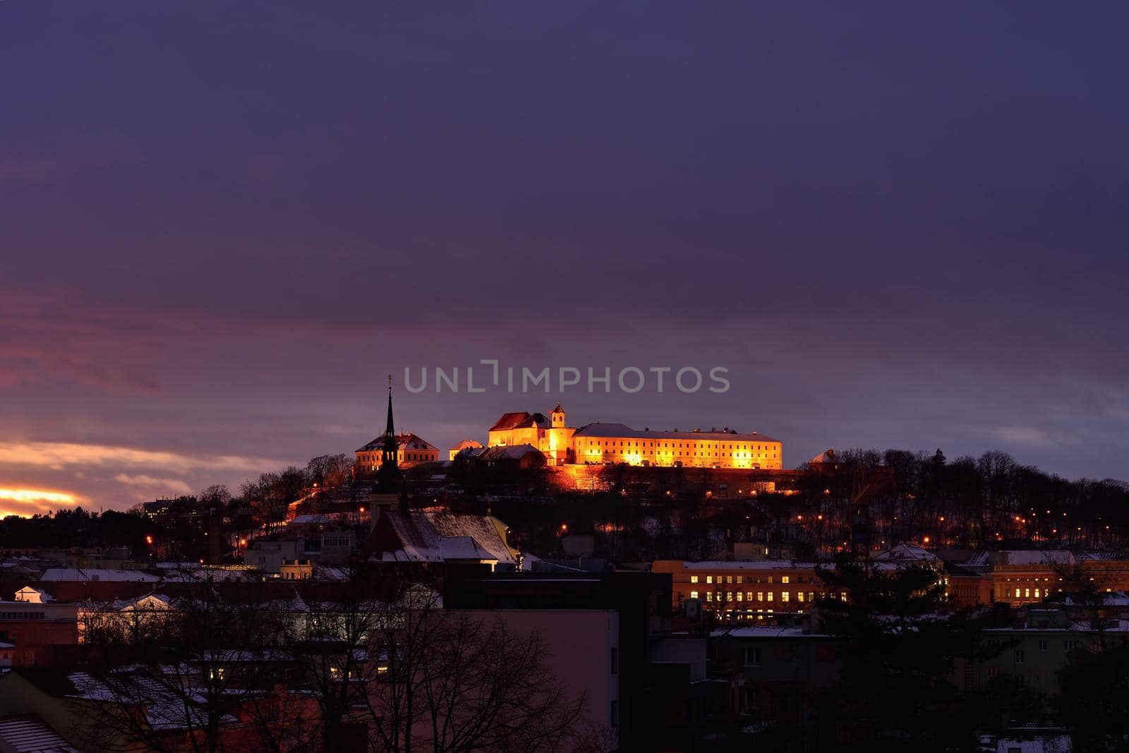 Spilberk Castle in winte. Brno, South Moravia, Czech Republic. Night photo of beautiful old architecture. by Montypeter