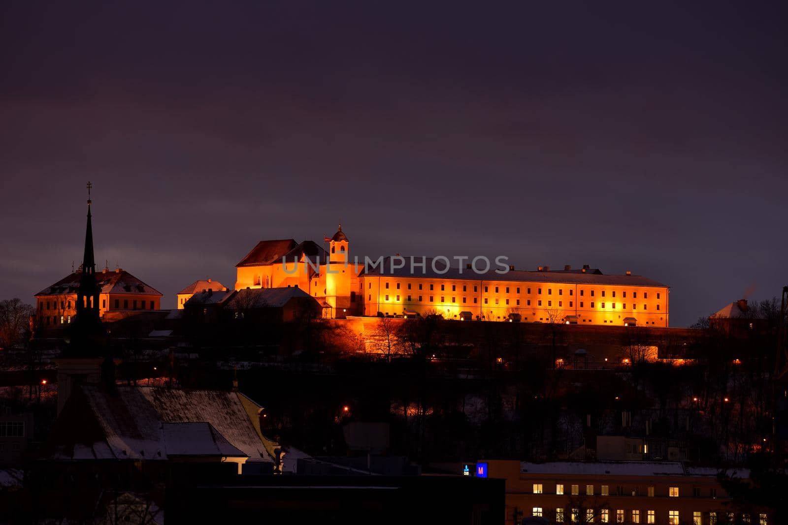 Spilberk Castle in winte. Brno, South Moravia, Czech Republic. Night photo of beautiful old architecture.