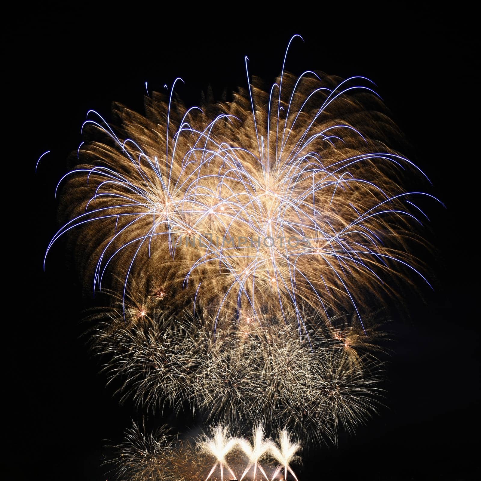 Beautiful colorful fireworks with reflections in water. Brno dam, the city of Brno-Europe. International Fireworks Competition.