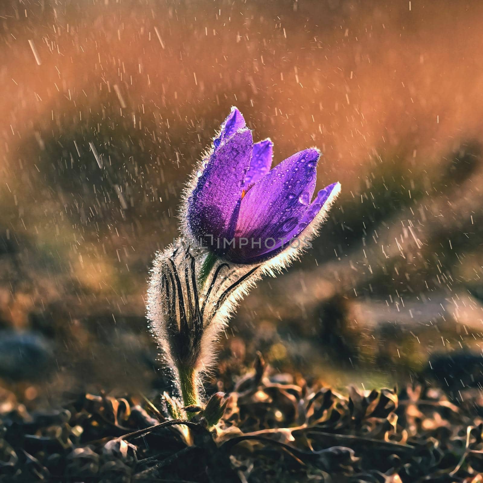 Spring and springtime flower in the rain.  Blooming beautiful flowers on a meadow in nature. Pasque flower and sun with a natural colored background. (Pulsatilla grandis)