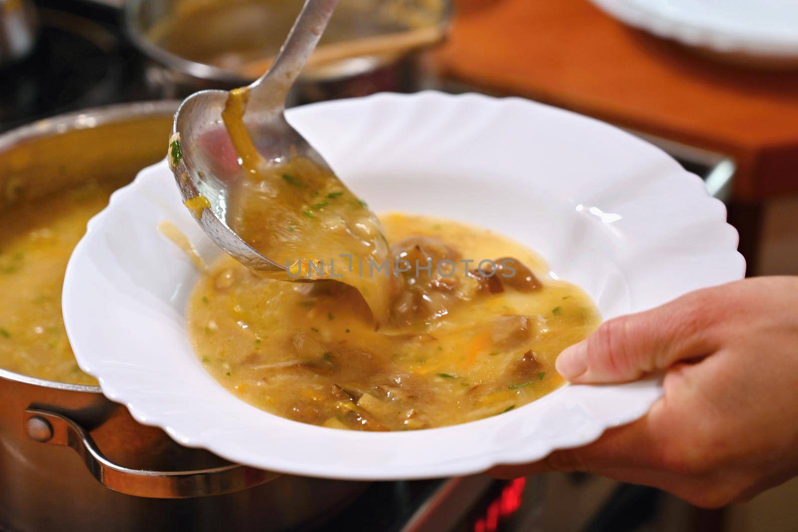 Taking soup into a plate. Delicious homemade mushroom soup served in a plate.