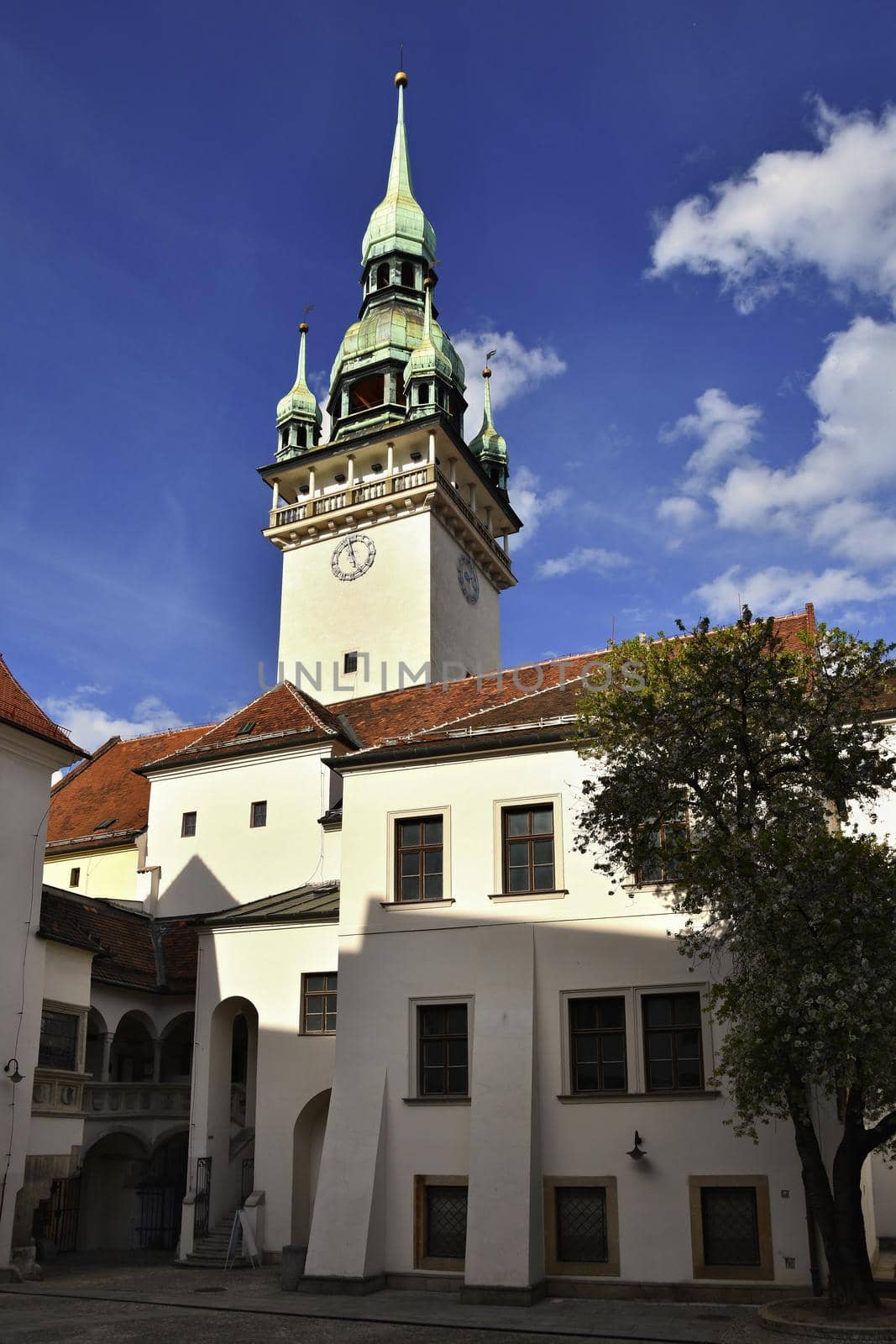 The city of Brno. - Czech Republic - Europe. Gate of the Old City Hall. A photo of the beautiful old architecture and tourist attraction with a lookout tower. Tourist Information Center.