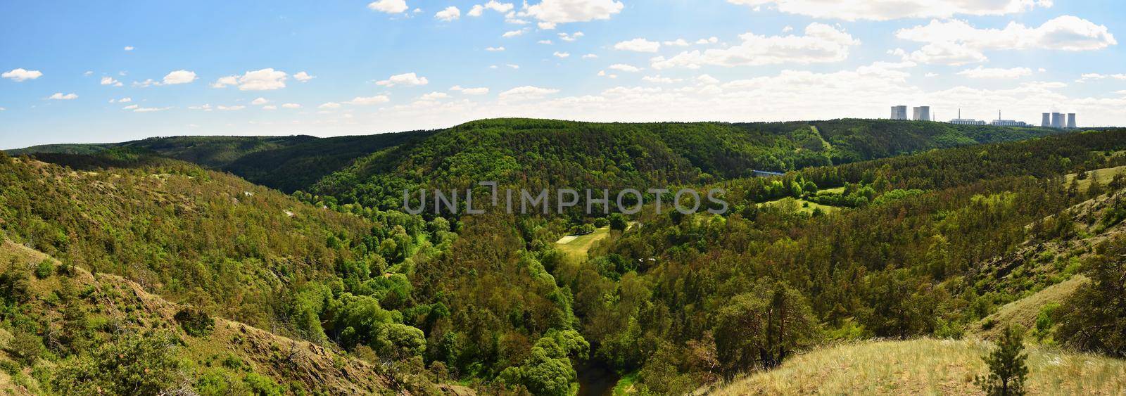 Mohelen's horseshoe step. Landscape with forests and nuclear power plant Dukovany. Panoramic photo. by Montypeter