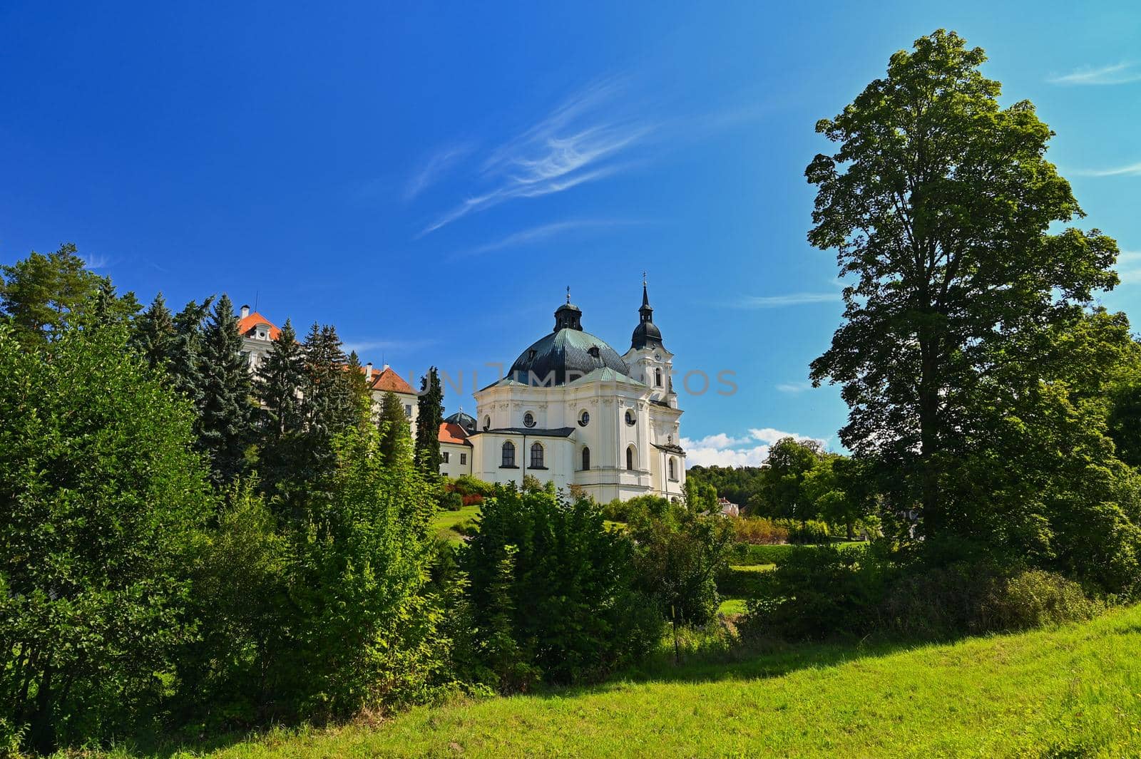Beautiful old church in Krtiny. Czech Republic. (Names of the Virgin Mary)