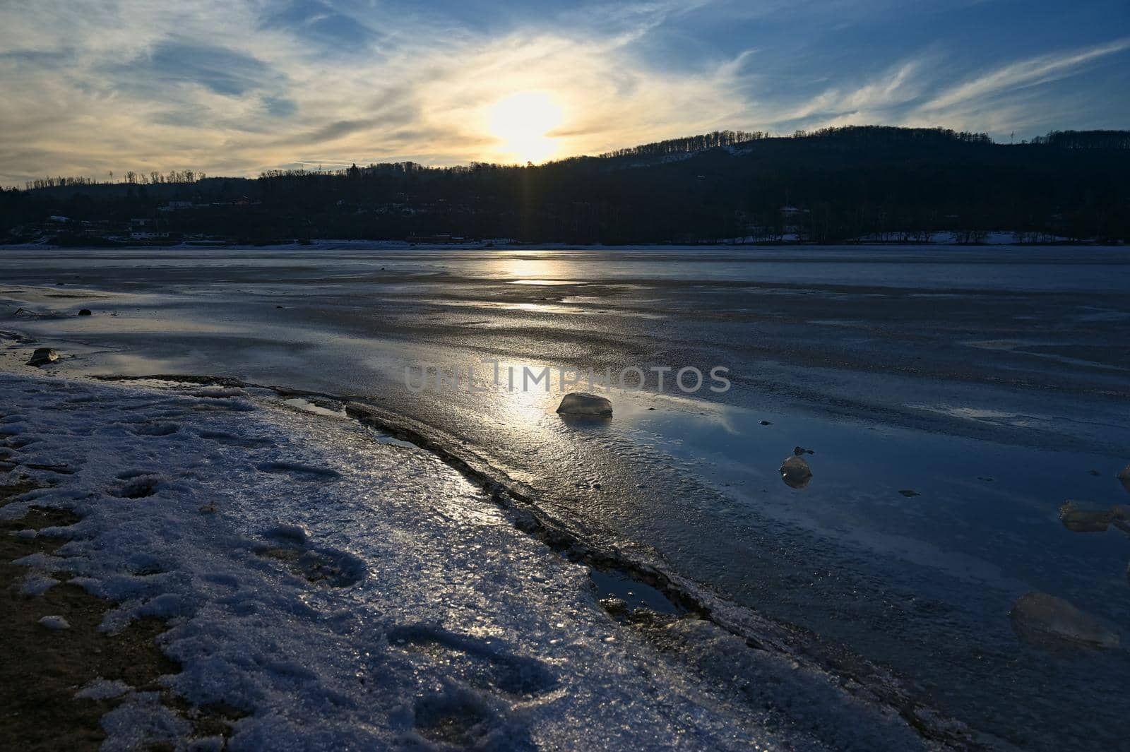 Winter landscape with frozen water. Brno Reservoir - dam. Czech Republic Europe.