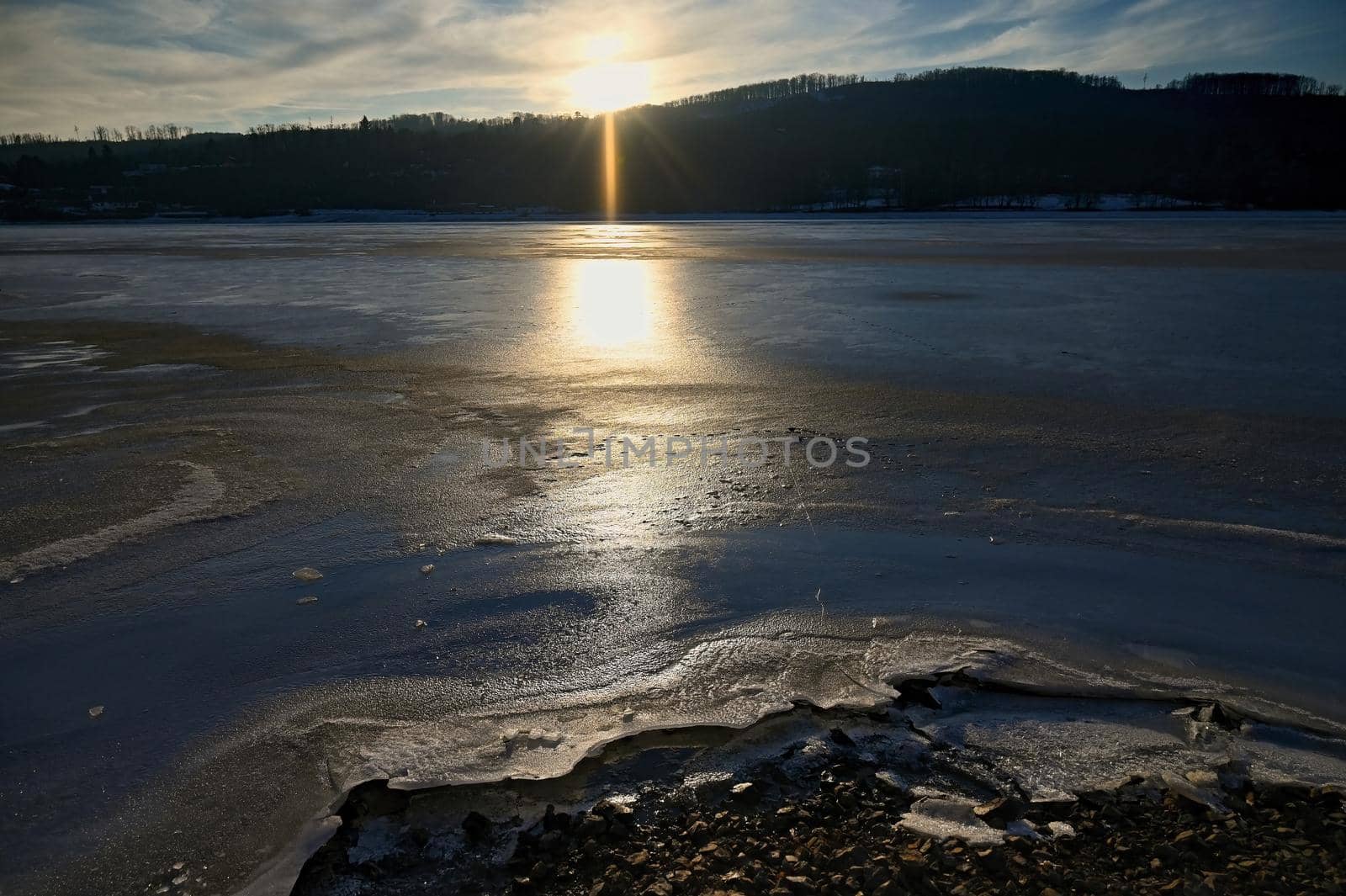 Winter landscape with frozen water. Brno Reservoir - dam. Czech Republic Europe.