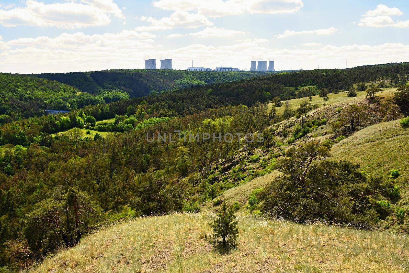 Nuclear power plant Dukovany. Czech Republic, Europe. Landscape with forests and valleys.
