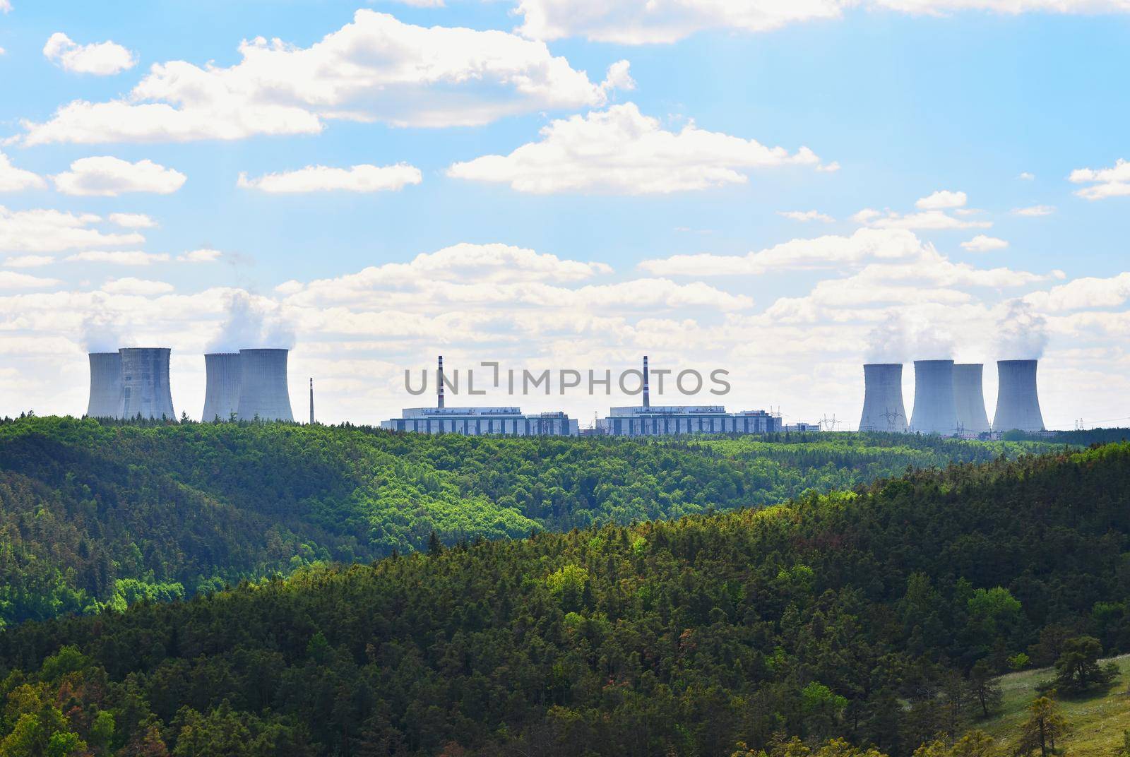 Nuclear power plant Dukovany. Czech Republic, Europe. Landscape with forests and valleys.