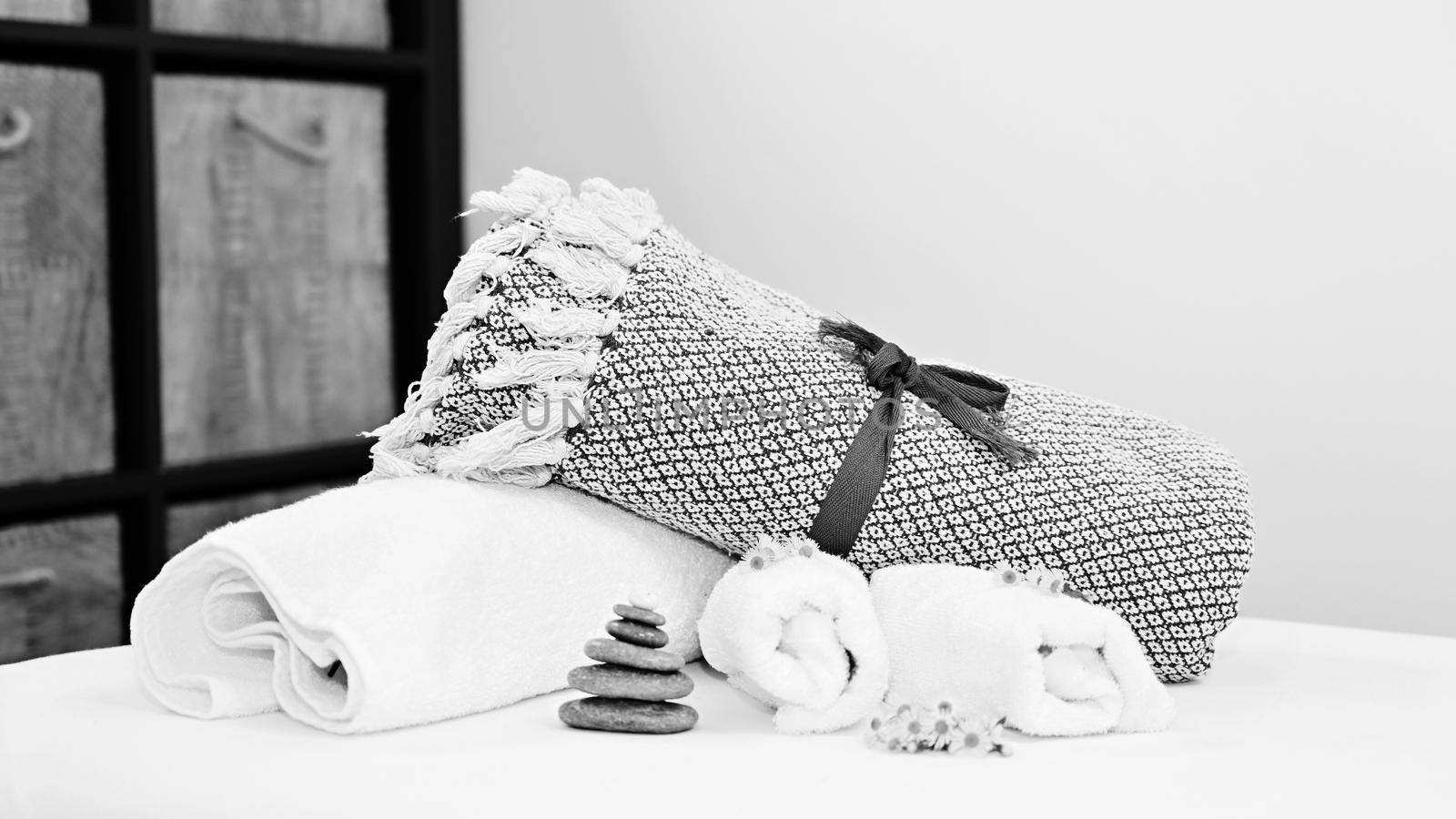 Massage room interior. Massage couch with accessories for massages and rehabilitation.