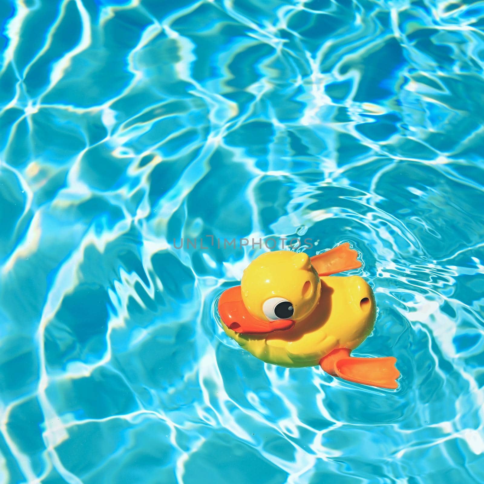 Yellow rubber duck on the water in hot sunny day. Summer background for traveling and vacation. Holiday idyllic. by Montypeter