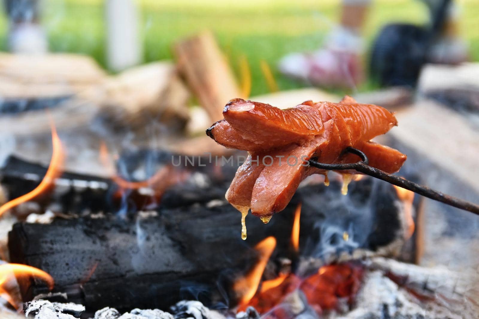 Roasting sausages over a fire. Camping in nature - food.