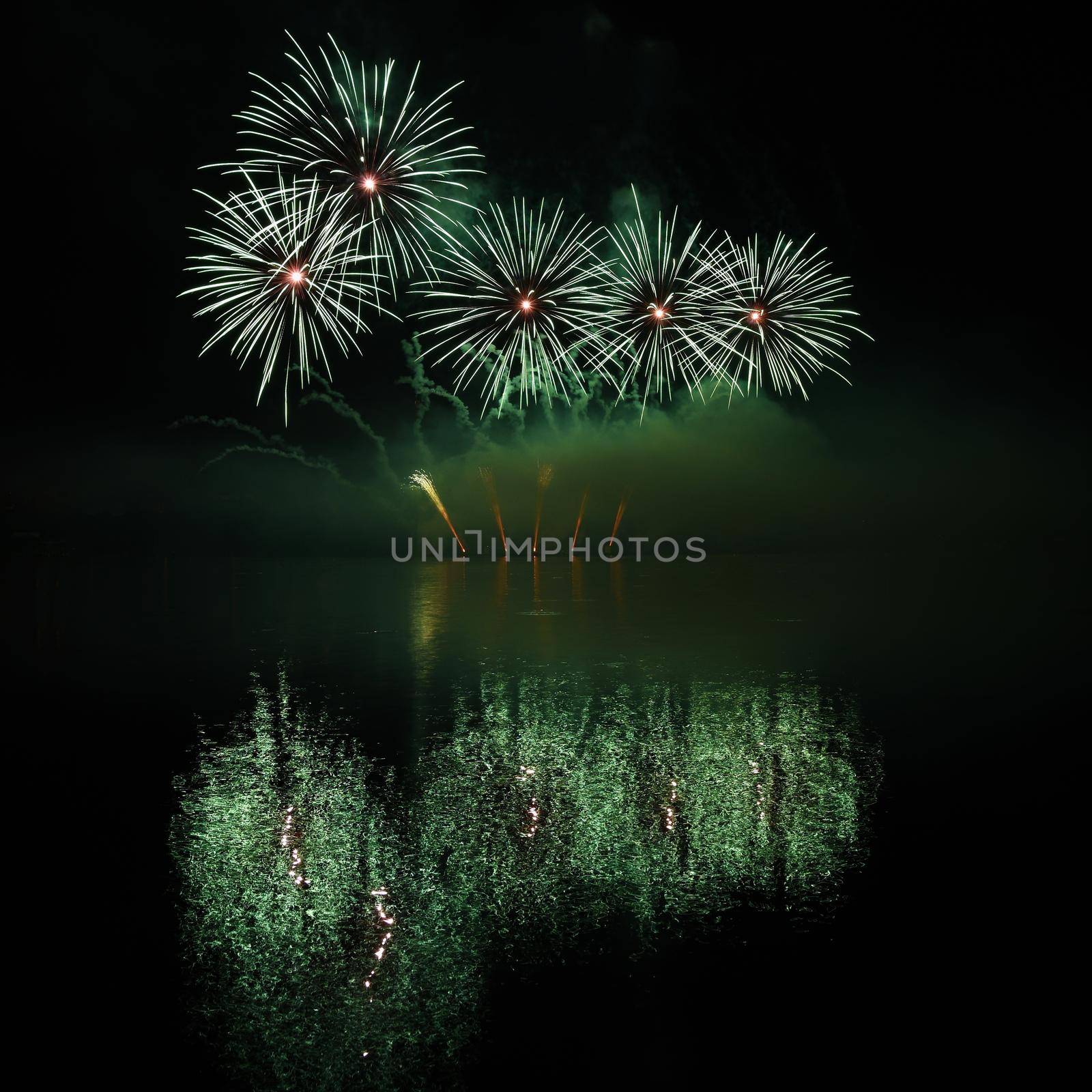 Beautiful colorful fireworks on water. Brno dam.
International Fireworks Competition Ignis Brunensis. Brno - Czech Republic - Europe.