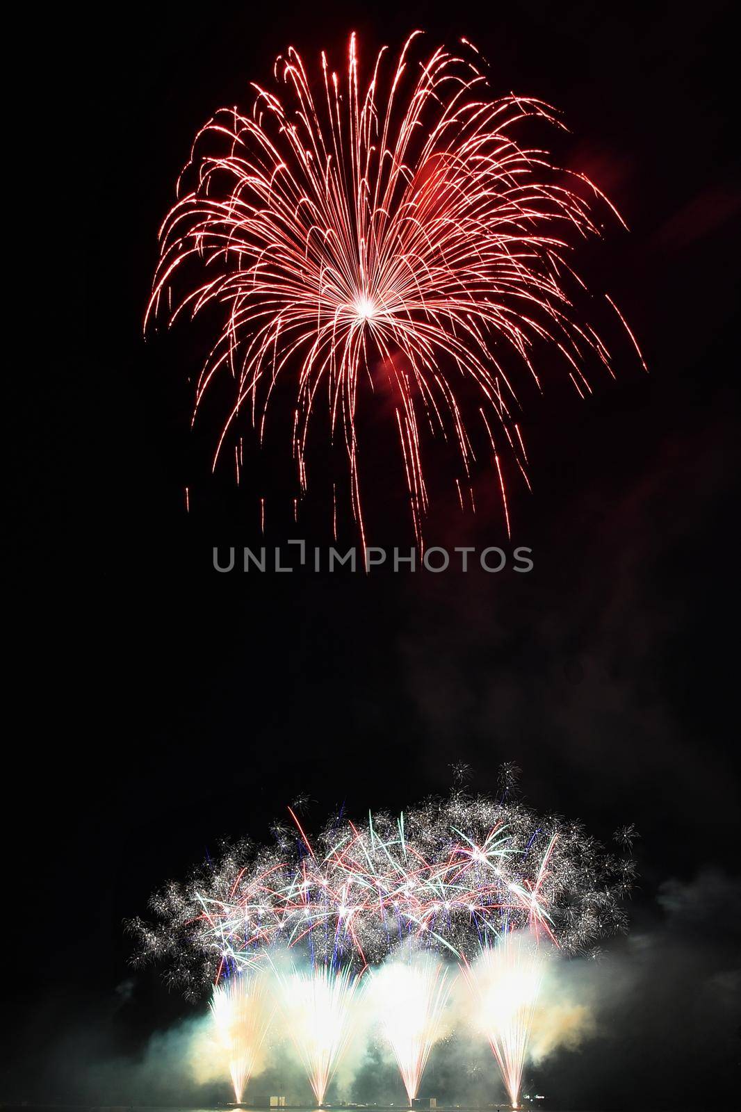 Beautiful colorful fireworks on water. Brno dam.
International Fireworks Competition Ignis Brunensis. Brno - Czech Republic - Europe.