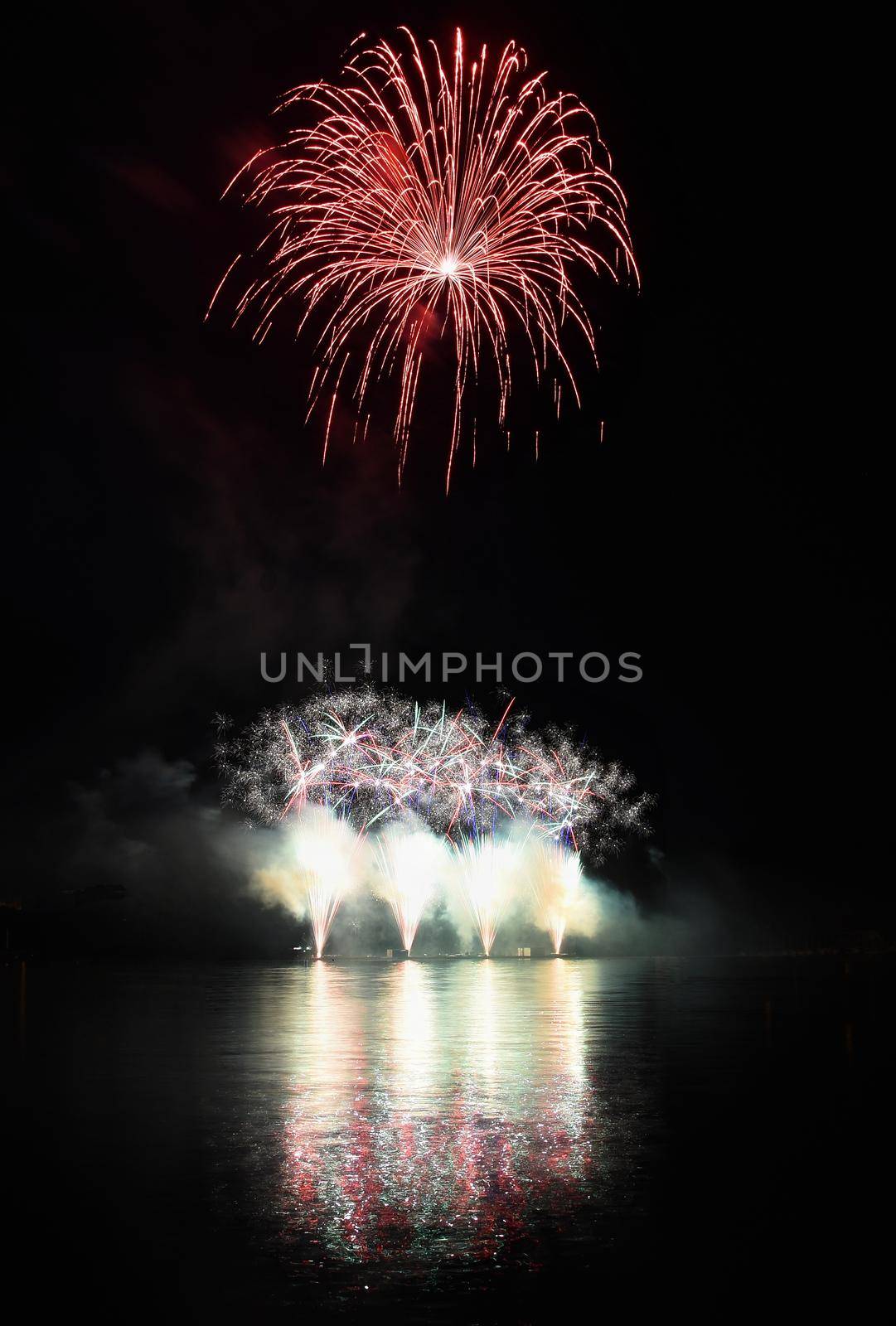 Beautiful colorful fireworks on water. Brno dam.
International Fireworks Competition Ignis Brunensis. Brno - Czech Republic - Europe.