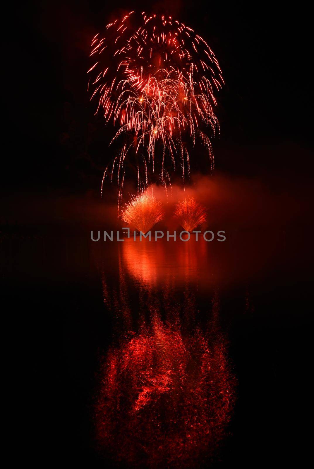 Beautiful colorful fireworks on water. Brno dam.
International Fireworks Competition Ignis Brunensis. Brno - Czech Republic - Europe.