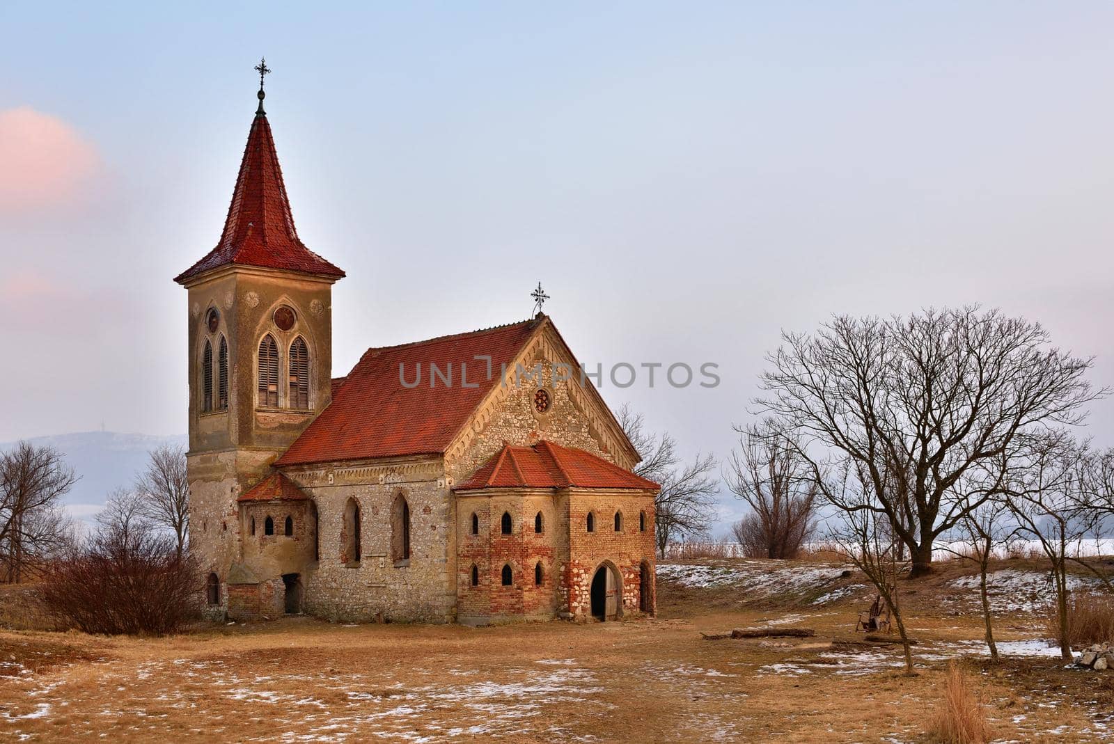 Beautiful old church of St. Linhart. Catholic temple village of Musov - Pasohlavky, Czech Republic.
Photo of landscape with sunset on a dam New Mills (Nove Mlyny)