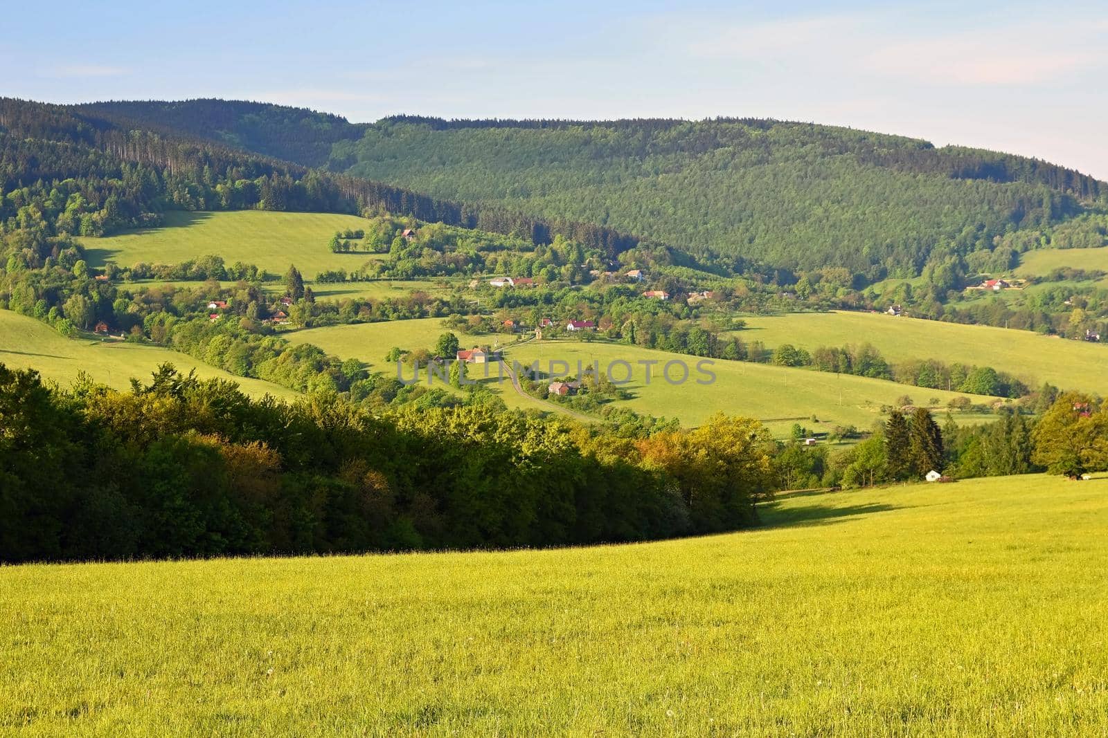 Beautiful landscape in the mountains in summer. Czech Republic - the White Carpathians - Europe.
Natural scenery of forests, meadows and mountains.